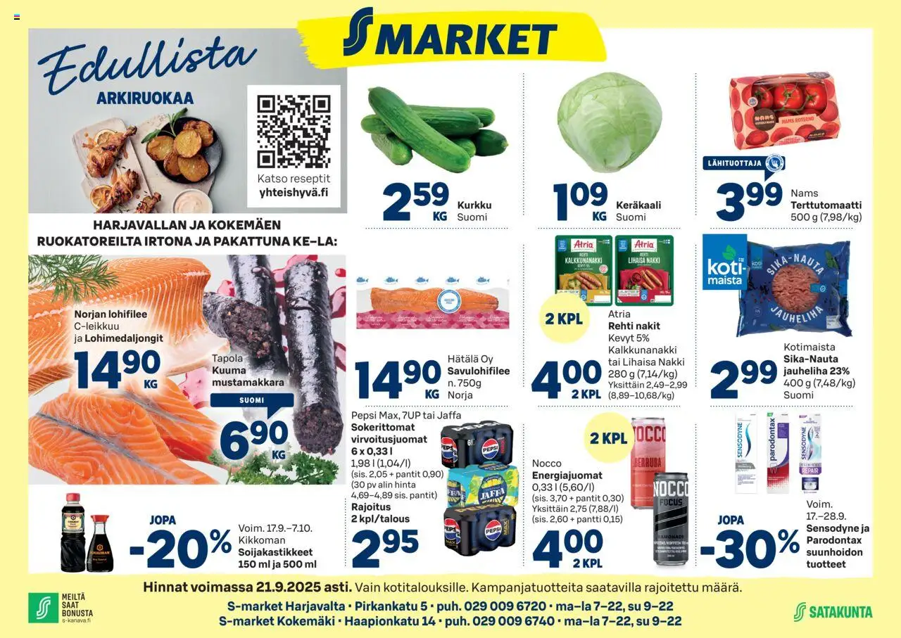 S-market Harjavalta – voimassa 17.09.2025 alkaen | Sivu: 1 | Tuotteet: Virvoitusjuomat, Keräkaali, Pepsi, Kurkku