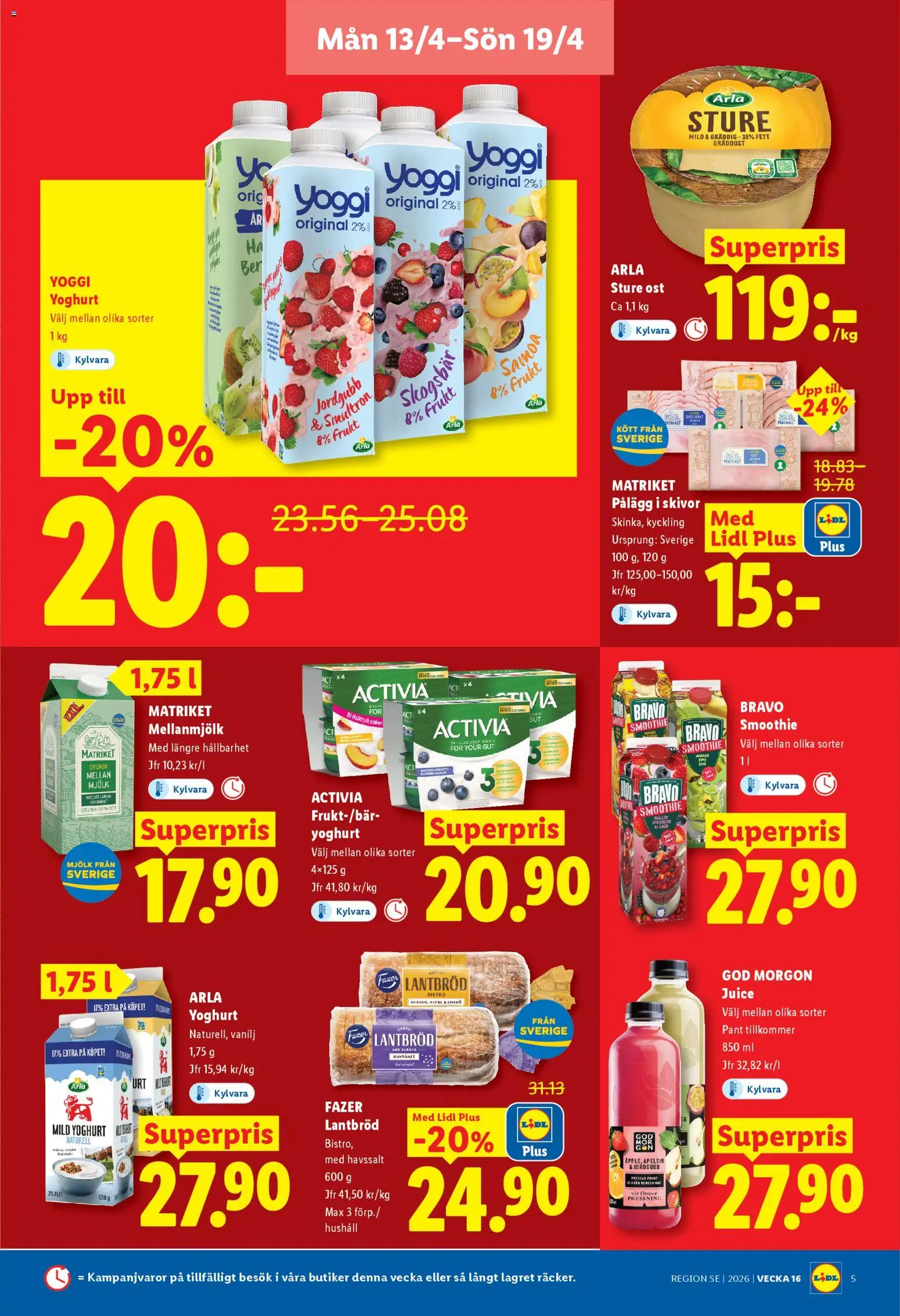 Lidl reklamblad aktuell från 13.04.2026 | Sida: 5 | Produkter: Mjölk, Juice, Apelsin, Hallon