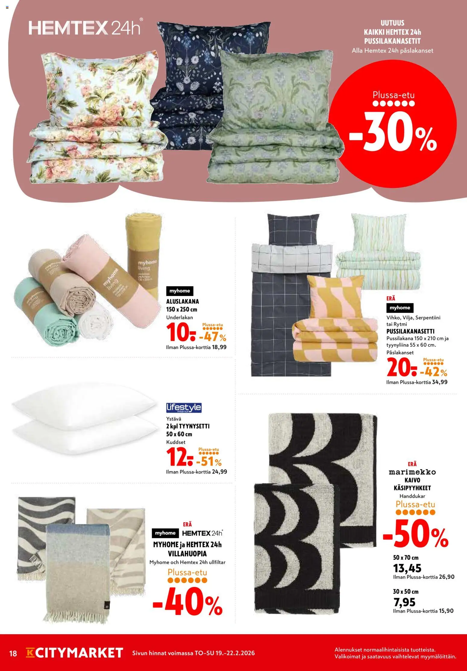 K-Citymarket tarjoukset – voimassa 19.02.2026 alkaen | Sivu: 18 | Tuotteet: Pussilakanasetti, Tyynysetti, Aluslakana, Tyynyliina