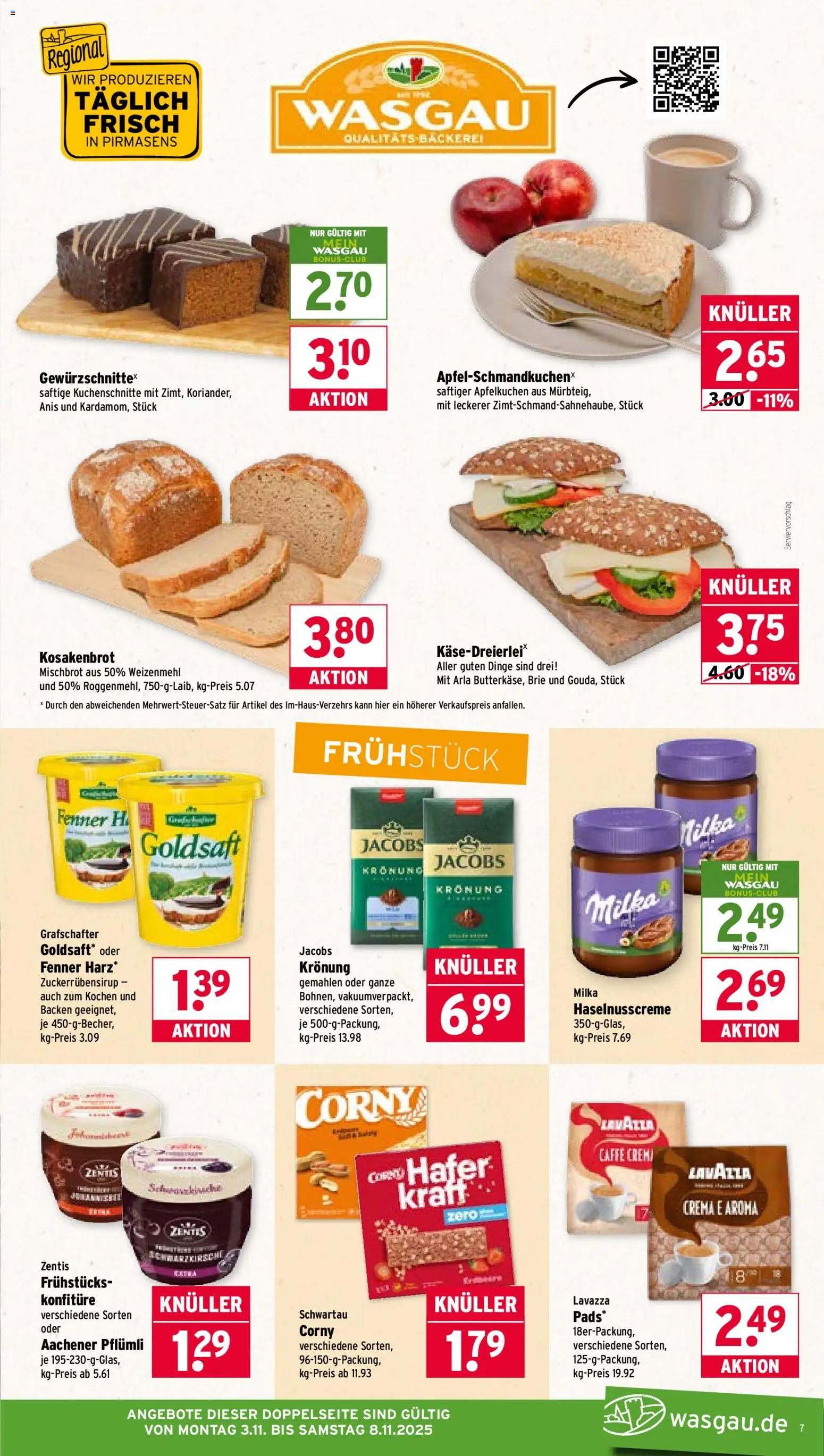 Wasgau Prospekt 	 – gültig ab 03.11.2025 | Seite: 7 | Produkte: Lavazza, Bäckerei, Weizenmehl, Milka