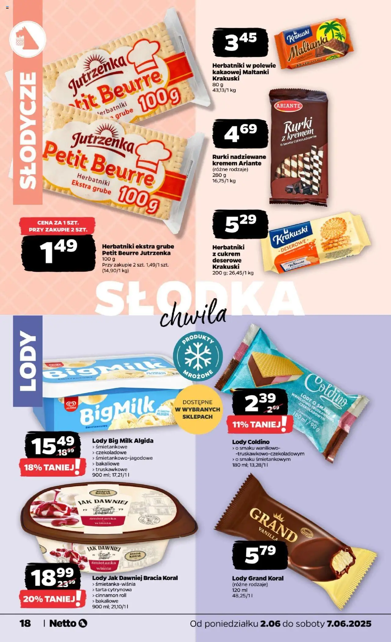 Netto gazetka - Spożywcza od 02.06.2025 | Strona: 18 | Produkty: Coldino lody, Big Milk, Herbatniki, Lody