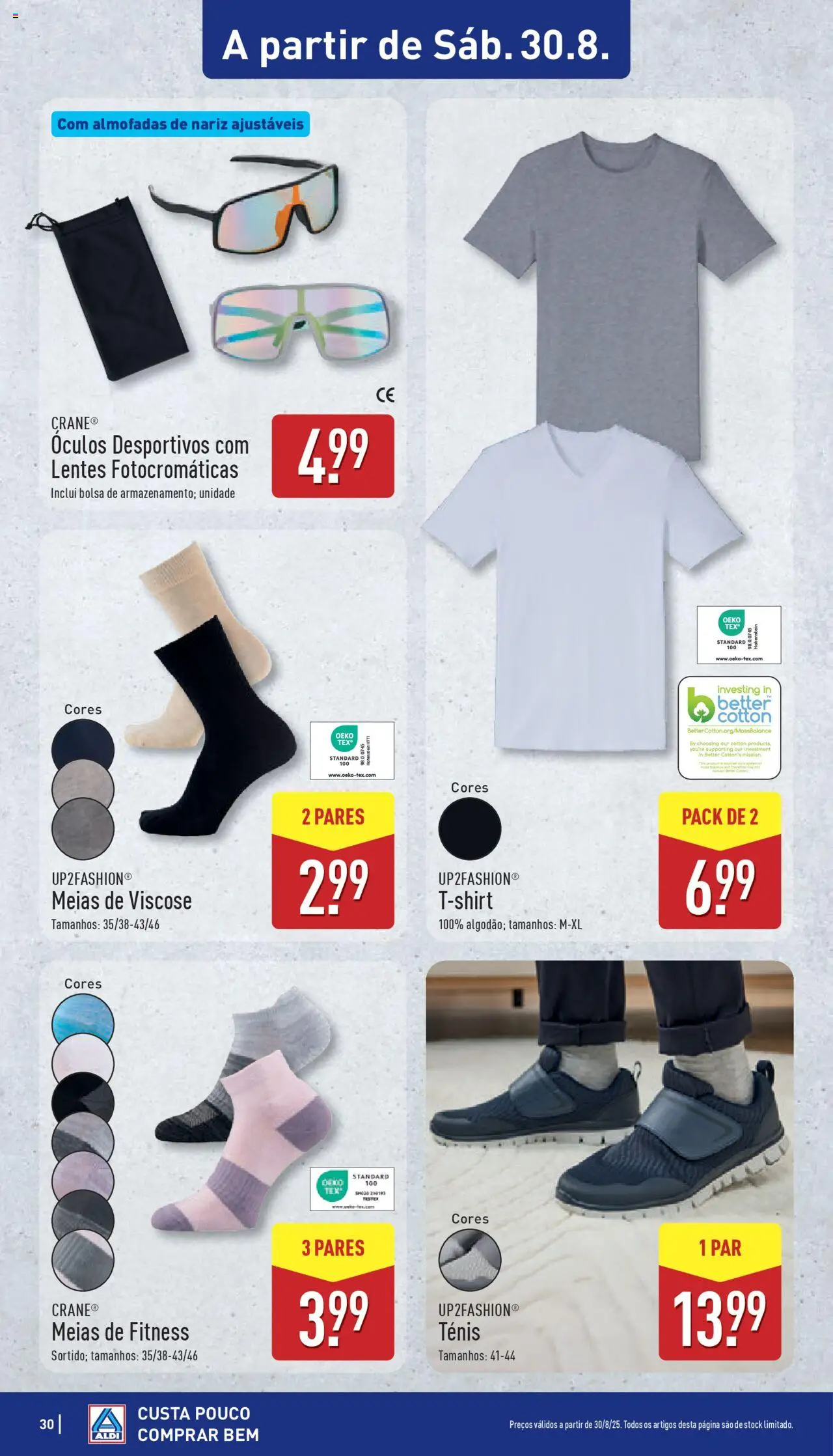 Aldi folheto │ válido de 25.08.2025 | Página: 30 | Produtos: Óculos, Bolsa, Meias