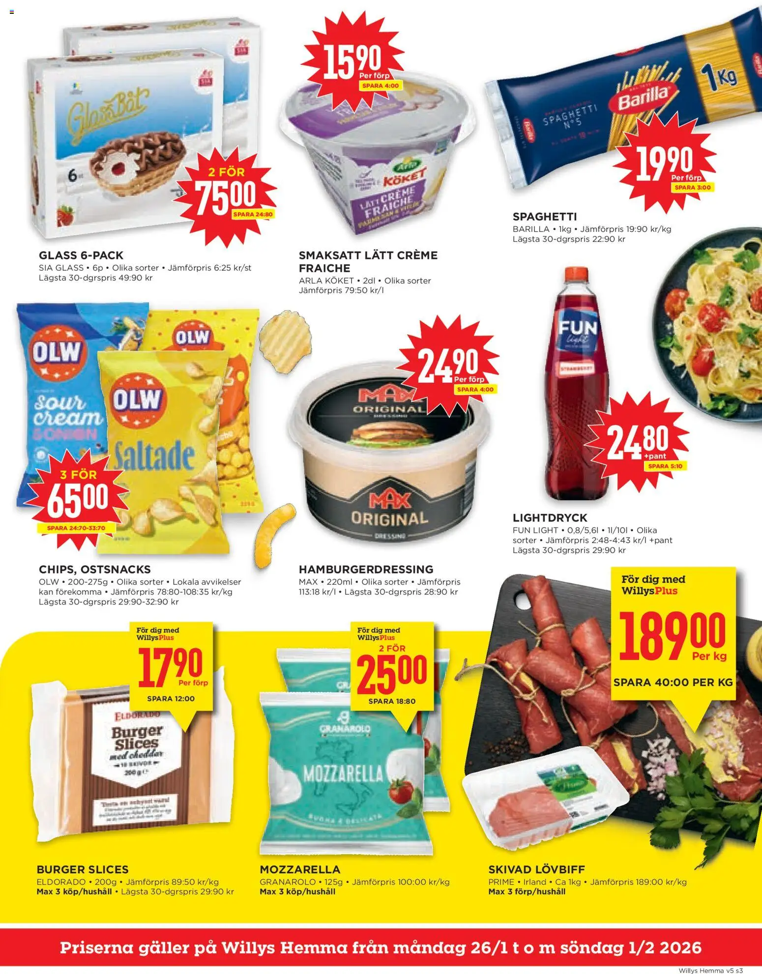 Willys reklamblad aktuell från 26.01.2026 | Sida: 3 | Produkter: Galler, Creme fraiche, Hamburgerdressing, Spaghetti