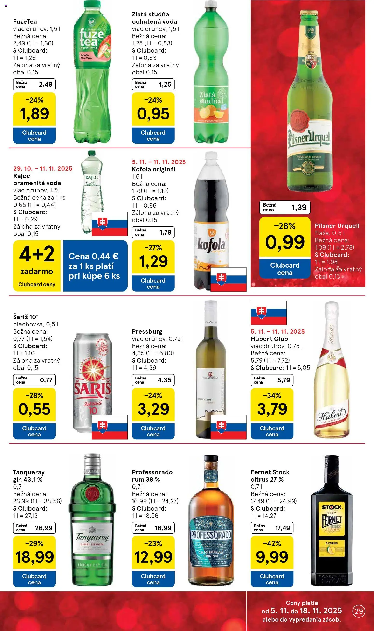 Nové Tesco akcie – leták je platný od 05.11.2025 | Strana: 29 | Produkty: Pilsner Urquell, Rajec, Kofola, Voda