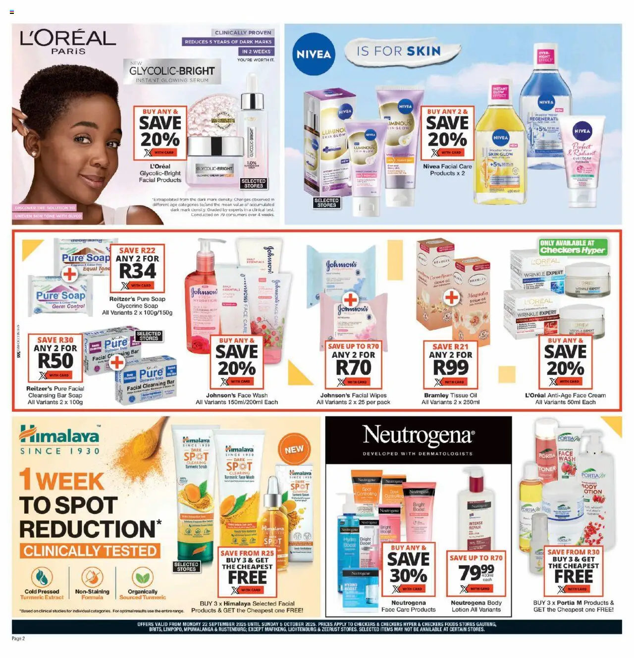 New Checkers catalogue – valid from 22.09.2025 | Page: 2 | Products: Tissue oil, Oil, Soap, Scrub