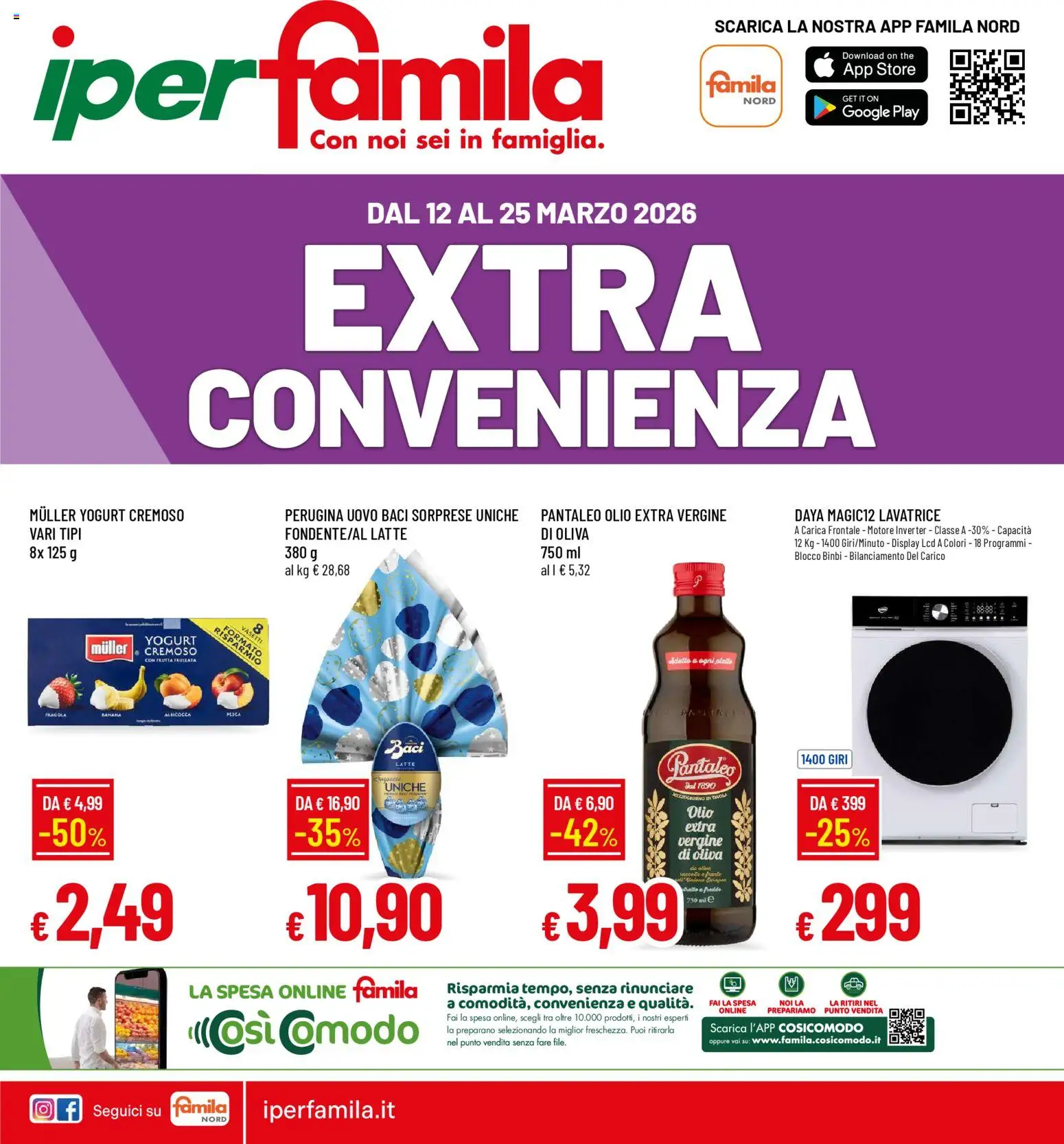 Volantino Famila del 12.03.2026 | Pagina: 1 | Prodotti: Yogurt, Frutta, Lavatrice, Olio extra vergine