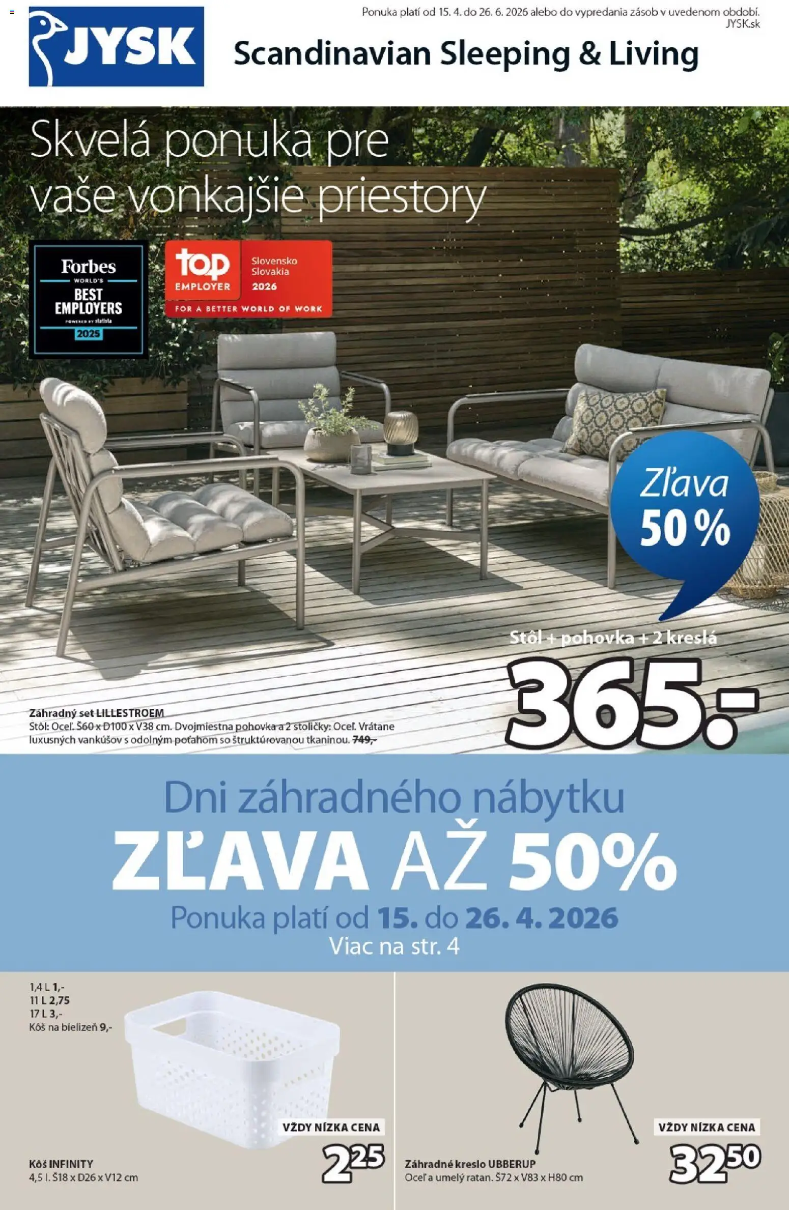 Nové JYSK akcie – leták je platný od 15.04.2026 | Strana: 1 | Produkty: Kreslá, Stoličky, Pohovka, Stôl