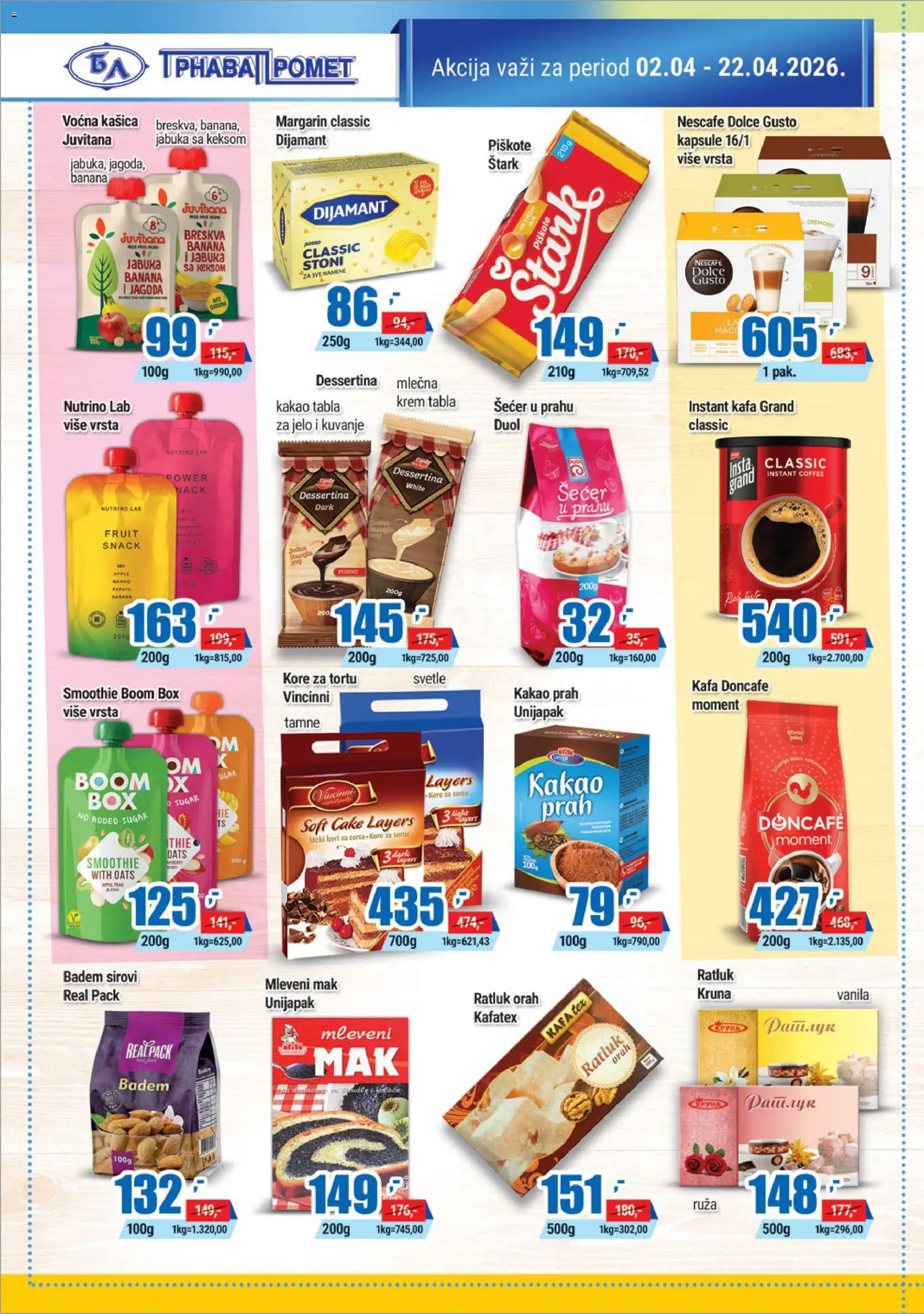 Trnava Promet katalog - važi od 02.04.2026 | Strana: 12 | Proizvode: Badem, Kapsule, Mak, Breskva