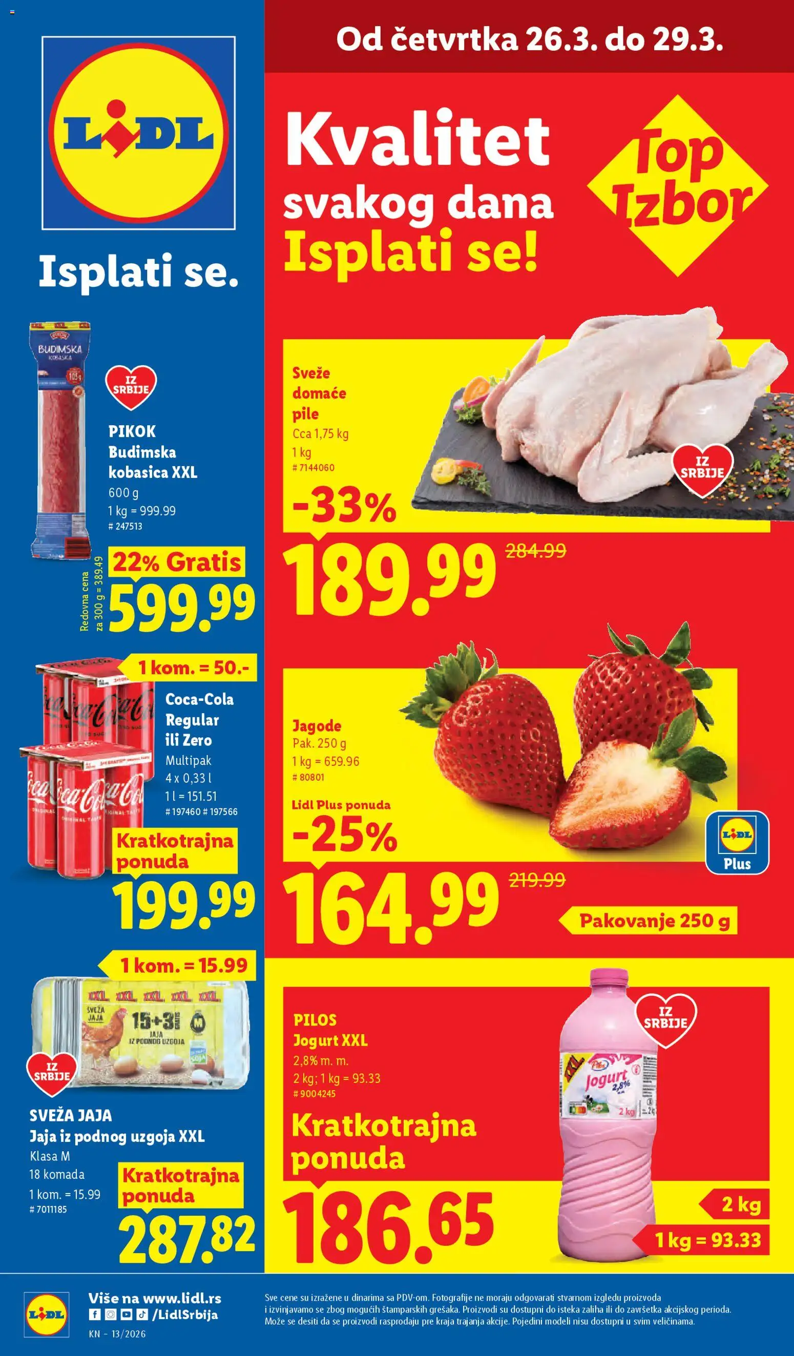 Lidl katalog - važi od 26.03.2026 | Strana: 1 | Proizvode: Jagode, Budimska kobasica, Pakovanje, Jogurt