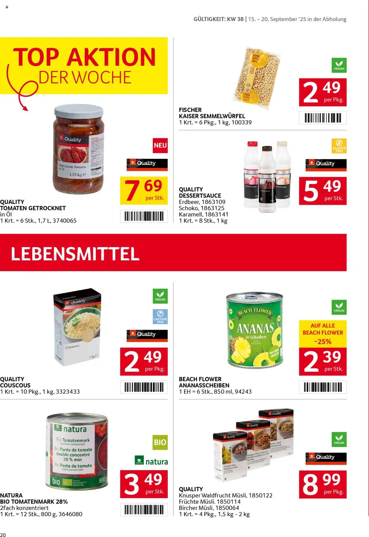 Transgourmet Flugblatt gültig ab 14.09.2025 | Seite: 20 | Produkte: Pasta, Öl, Tomaten, Ananas
