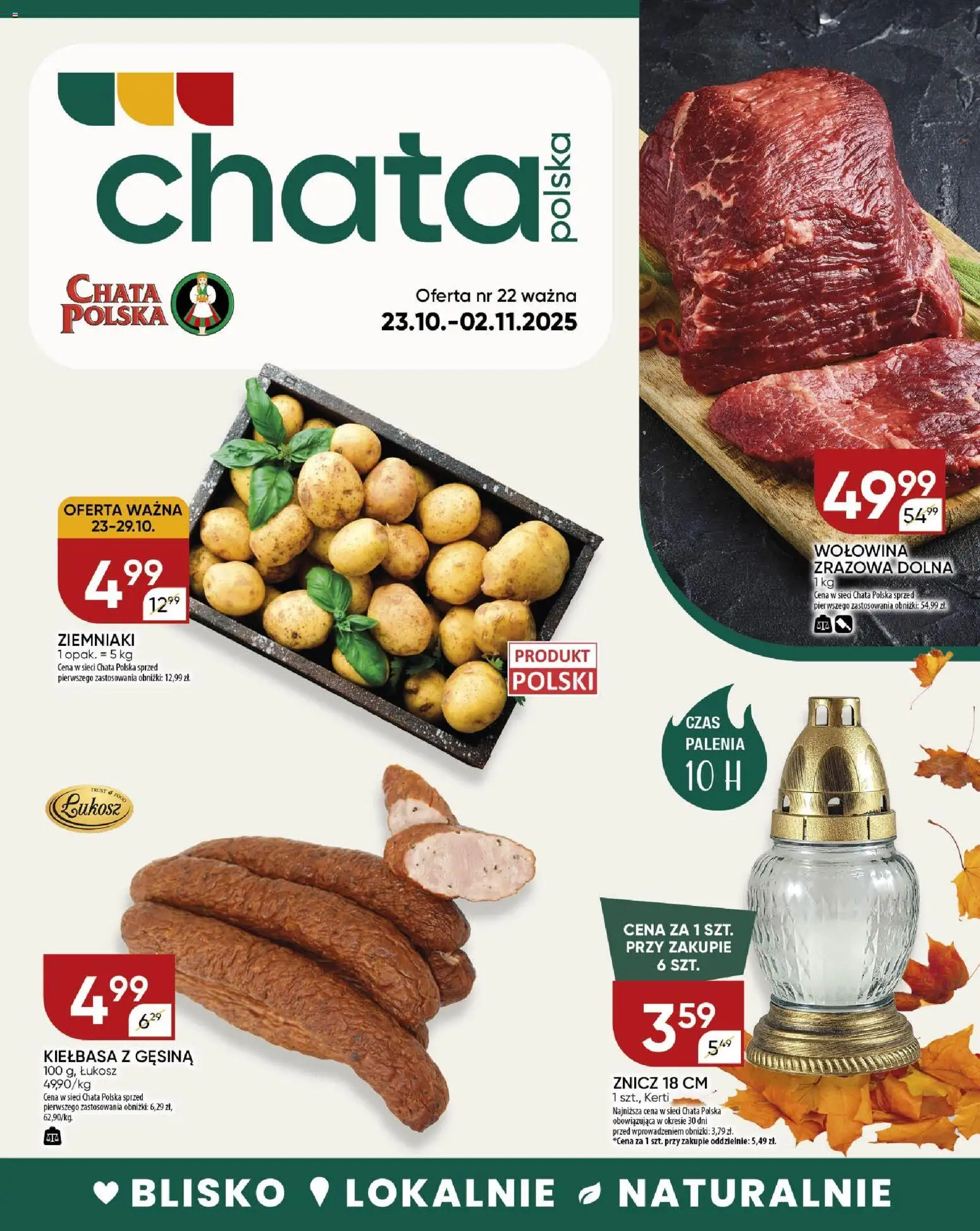 Chata Polska Gazetka od 23.10.2025 | Strona: 1 | Produkty: Kiełbasa, Wołowina, Ziemniaki