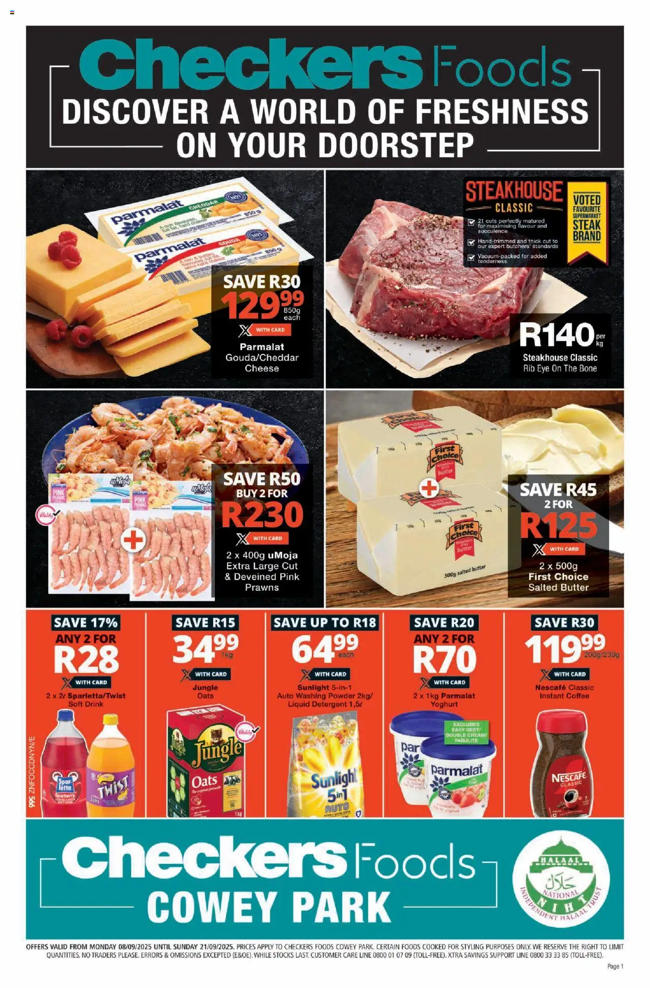 New Checkers catalogue – valid from 08.09.2025 | Page: 1 | Products: Yoghurt, Steak, Cheese, Powder