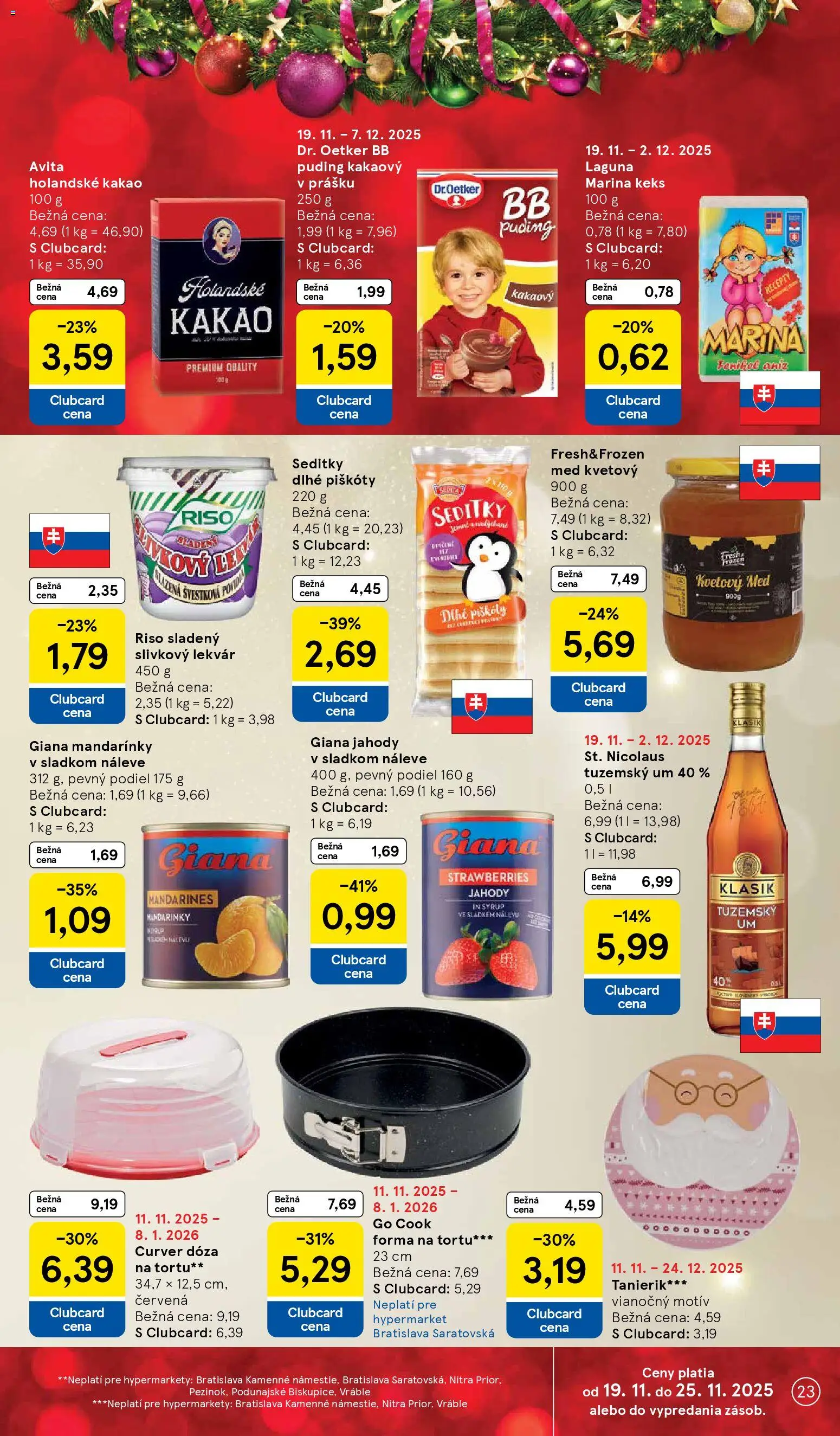 Nové Tesco akcie – leták je platný od 19.11.2025 | Strana: 23 | Produkty: Puding, Jahody, Med, Kakao