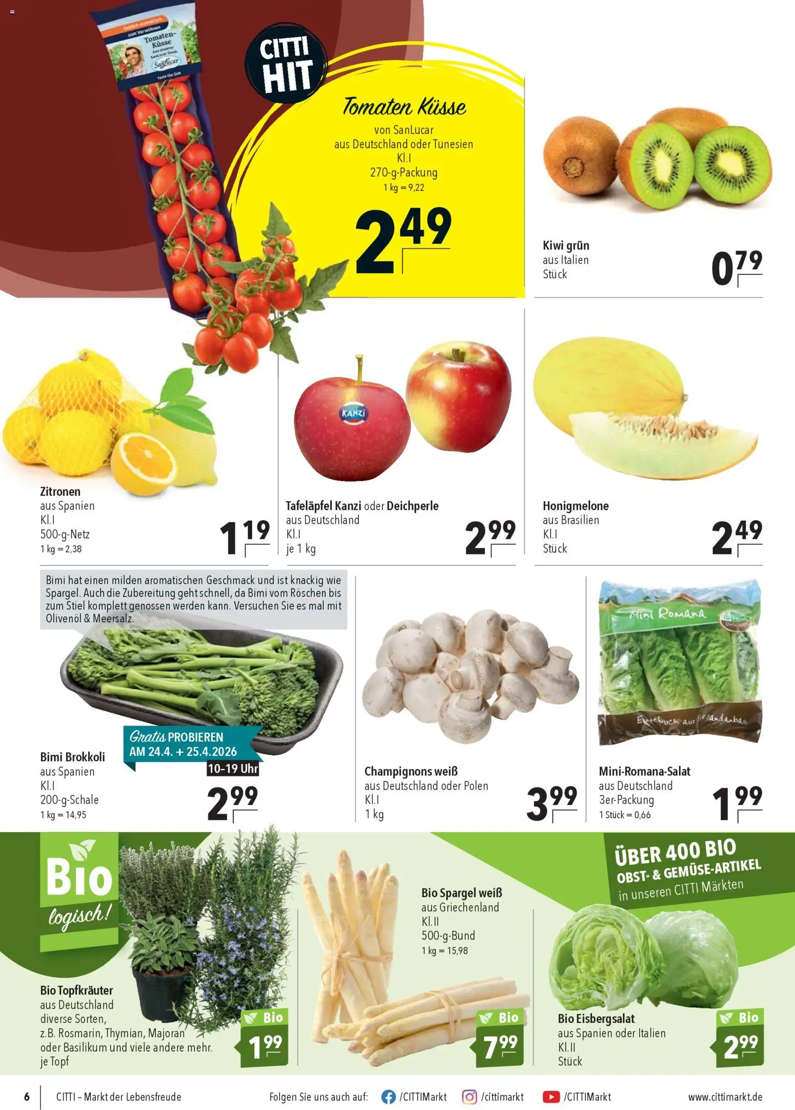 CITTI Markt Prospekt 	 – gültig ab 22.04.2026 | Seite: 6 | Produkte: Eisbergsalat, Spargel, Honigmelone, Kiwi