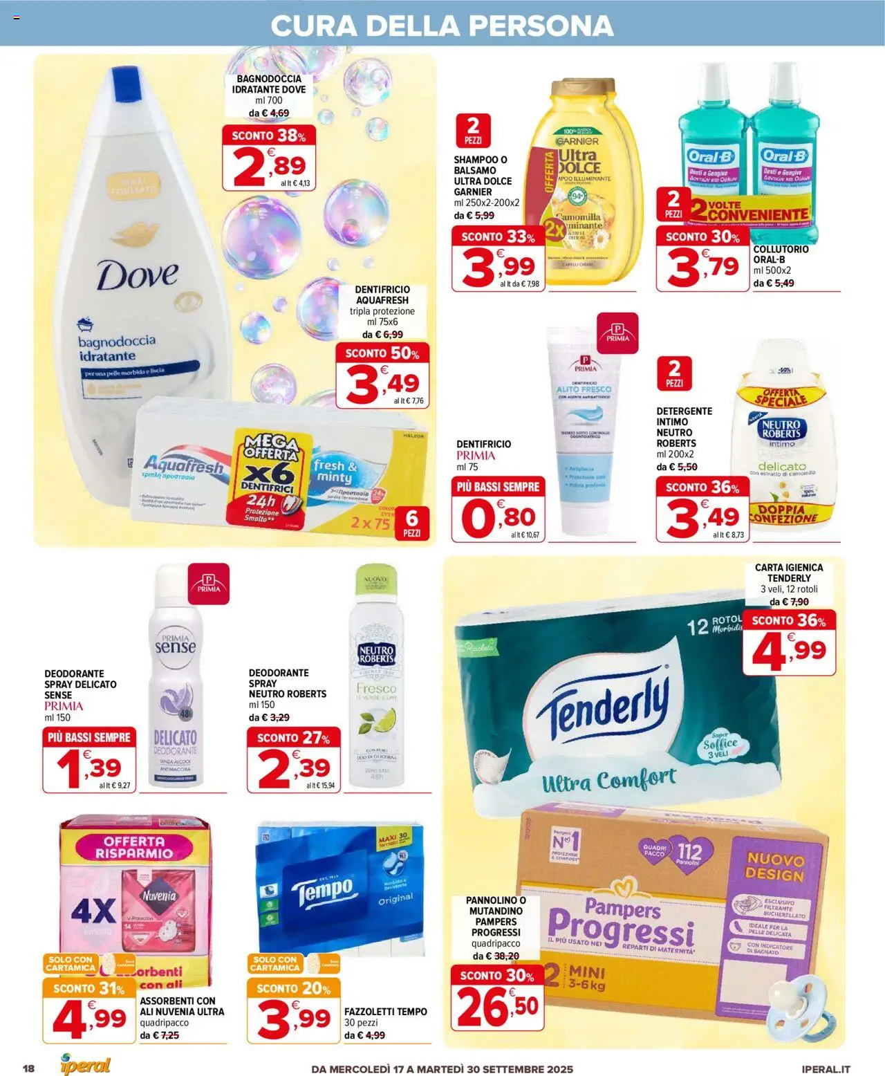 Volantino Iperal del 17.09.2025 | Pagina: 18 | Prodotti: Collutorio, Detergente intimo, Tè, Pampers