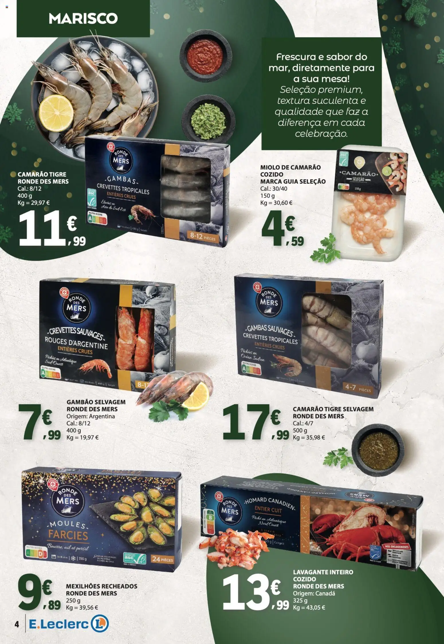 E.Leclerc folheto │ válido de 01.12.2025 | Página: 4 | Produtos: Camarão, Mesa, Persil, Mexilhões