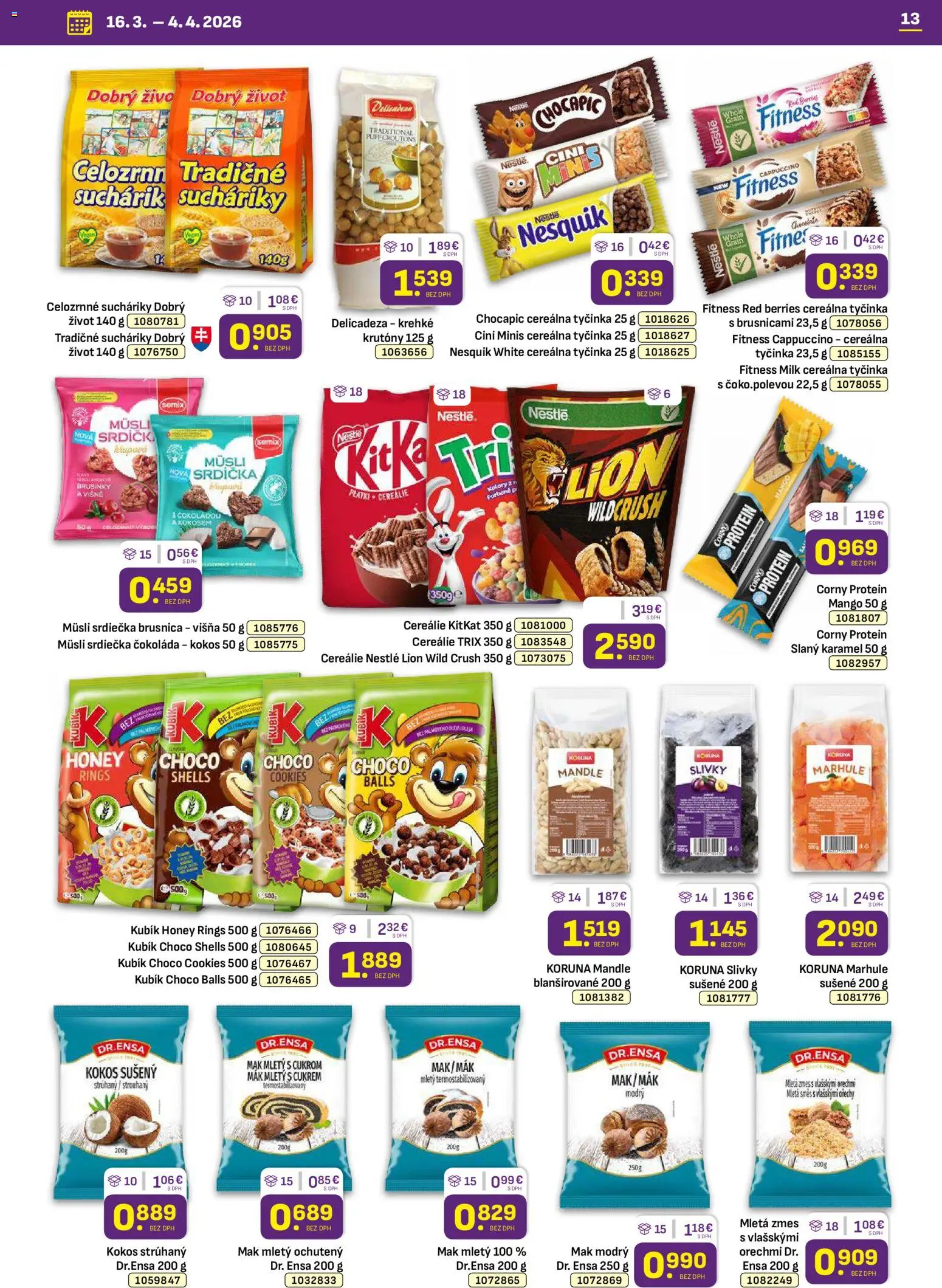 Nové Libex akcie – leták je platný od 16.03.2026 | Strana: 13 | Produkty: Čokoláda, Cereálie, Mango, Marhule