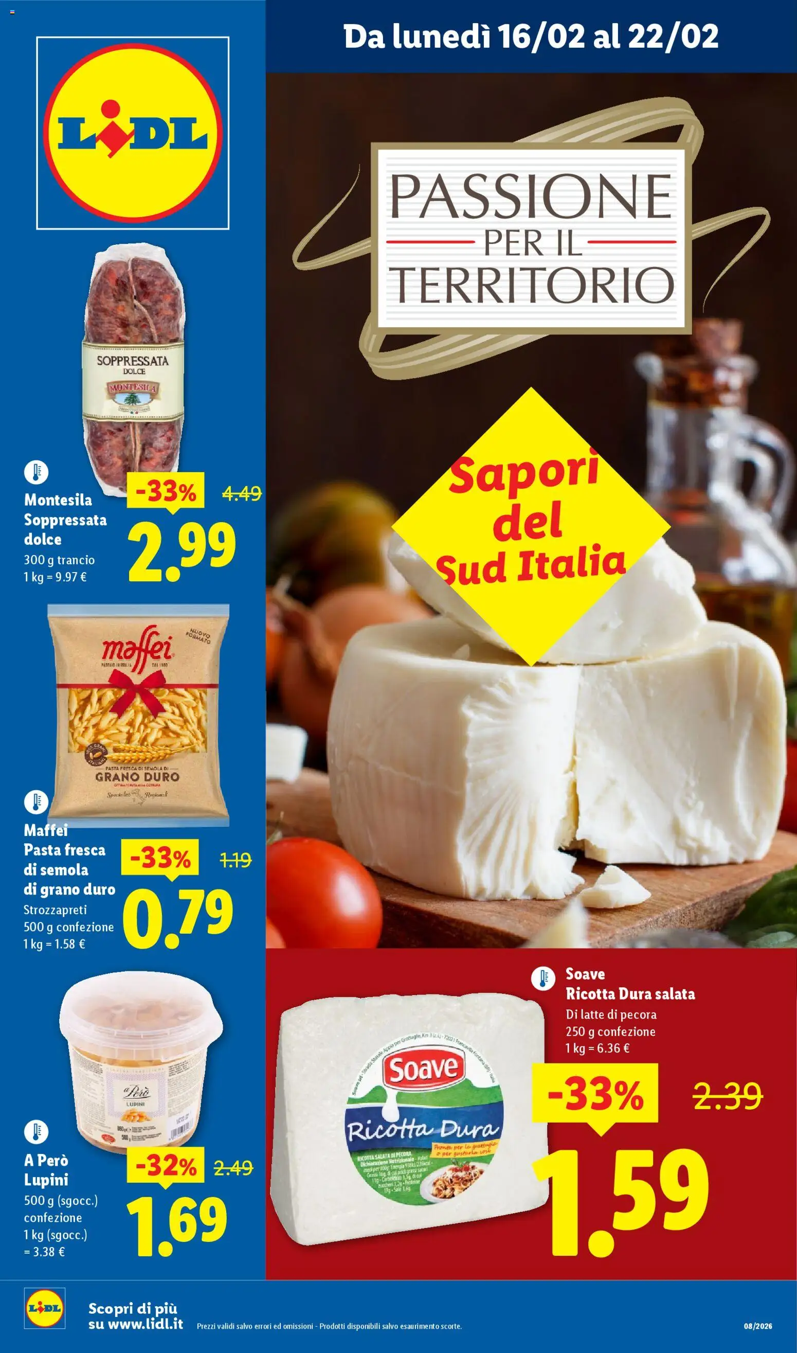 Volantino Lidl del 16.02.2026 | Pagina: 1 | Prodotti: Lupini, Latte, Pasta, Ricotta