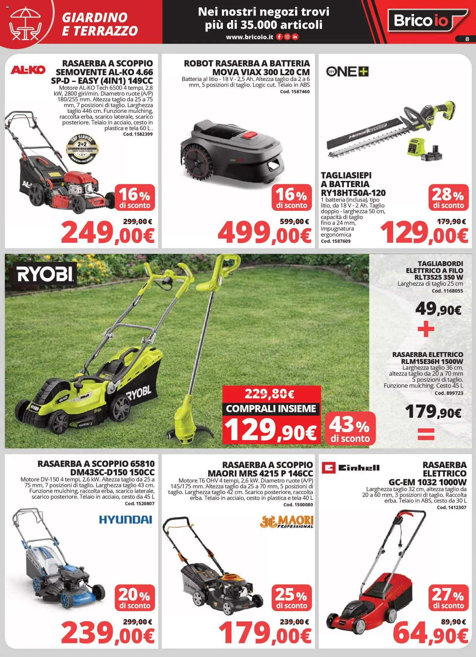 Volantino Brico io del 02.04.2026 | Pagina: 8 | Prodotti: Top, Tagliasiepi, Rasaerba, Robot