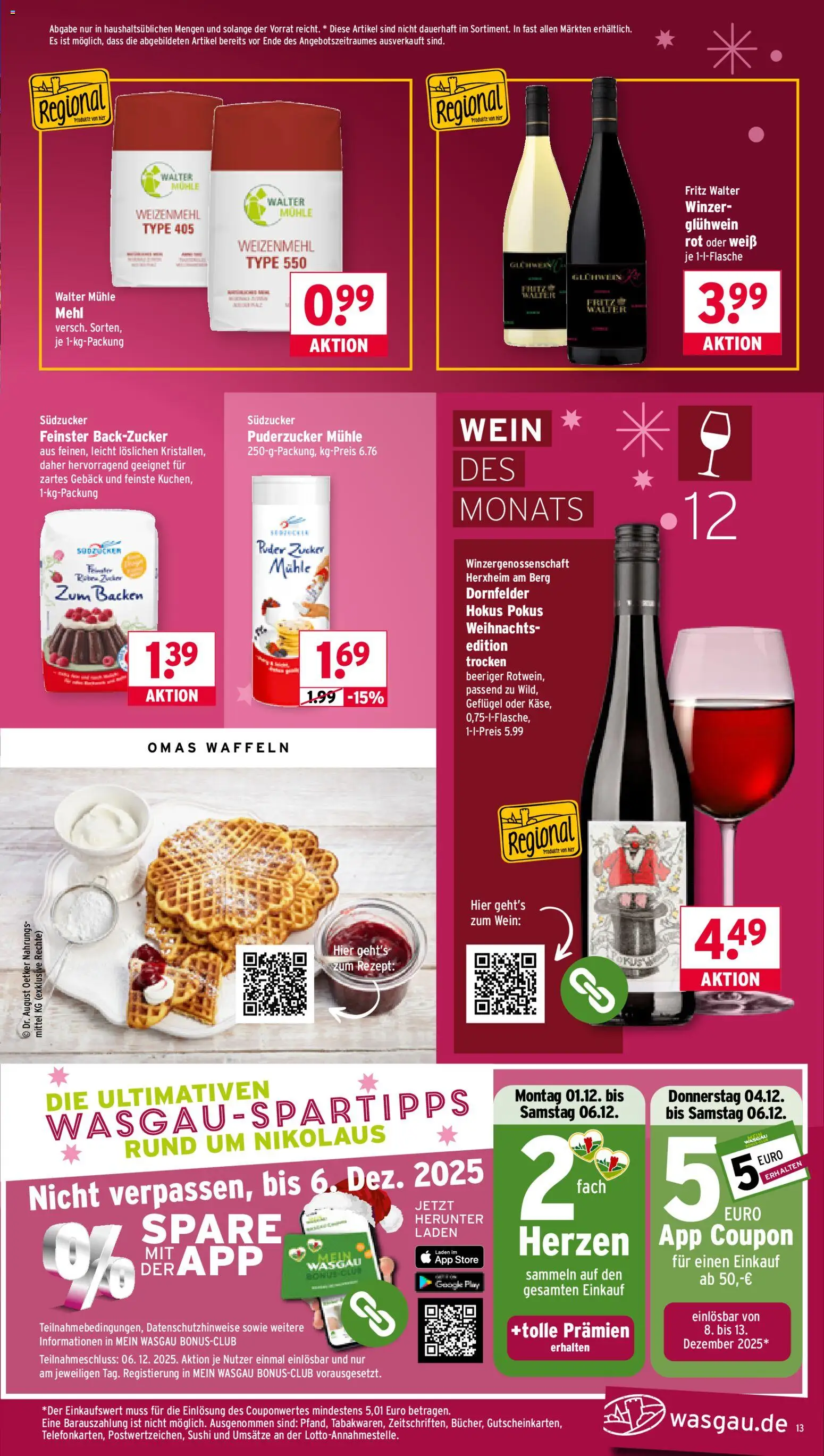 Wasgau Prospekt 	 – gültig ab 01.12.2025 | Seite: 13 | Produkte: Puder, Weizenmehl, Waffeln, Wein