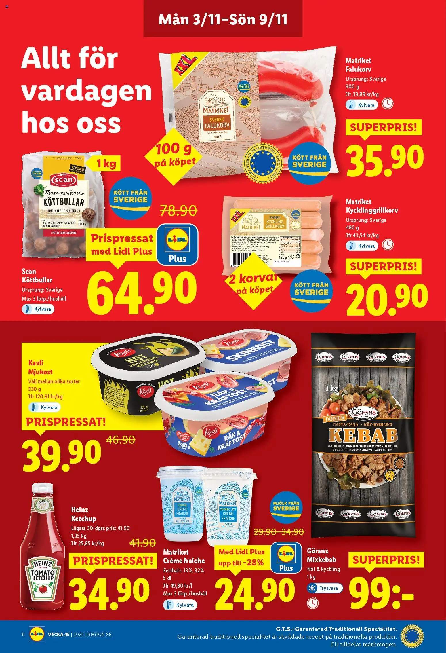 Lidl reklamblad aktuell från 03.11.2025 | Sida: 6 | Produkter: Köttbullar, Falukorv, Creme fraiche, Mjukost