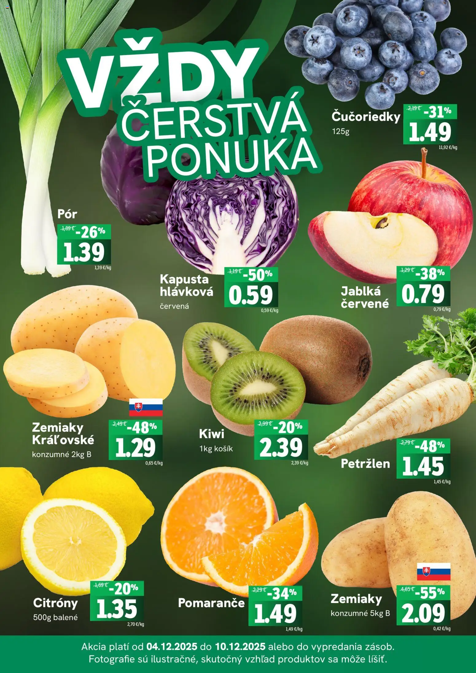 Nové Fresh akcie – leták je platný od 04.12.2025 | Strana: 3 | Produkty: Pomaranče, Čučoriedky, Kiwi, Petržlen
