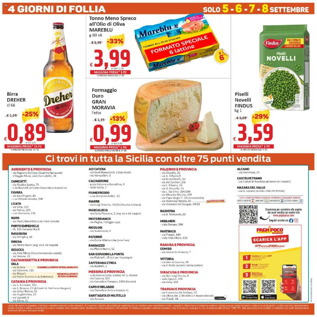 Volantino Paghi Poco del 29.08.2025 | Pagina: 20 | Prodotti: Birra, Formaggio, Piselli, Tonno