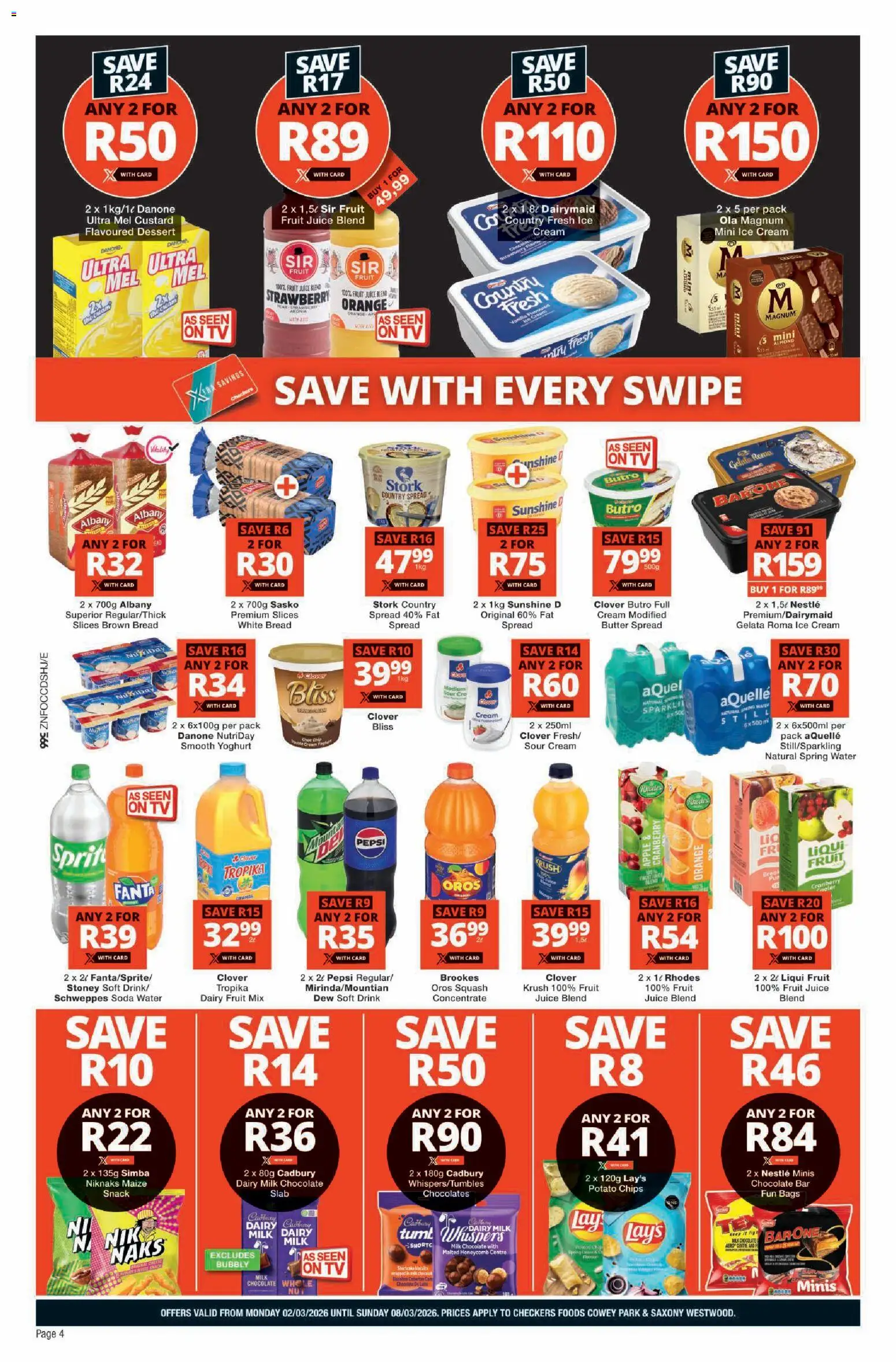 New Checkers catalogue – valid from 02.03.2026 | Page: 4 | Products: Squash, Sour cream, Fanta, Water
