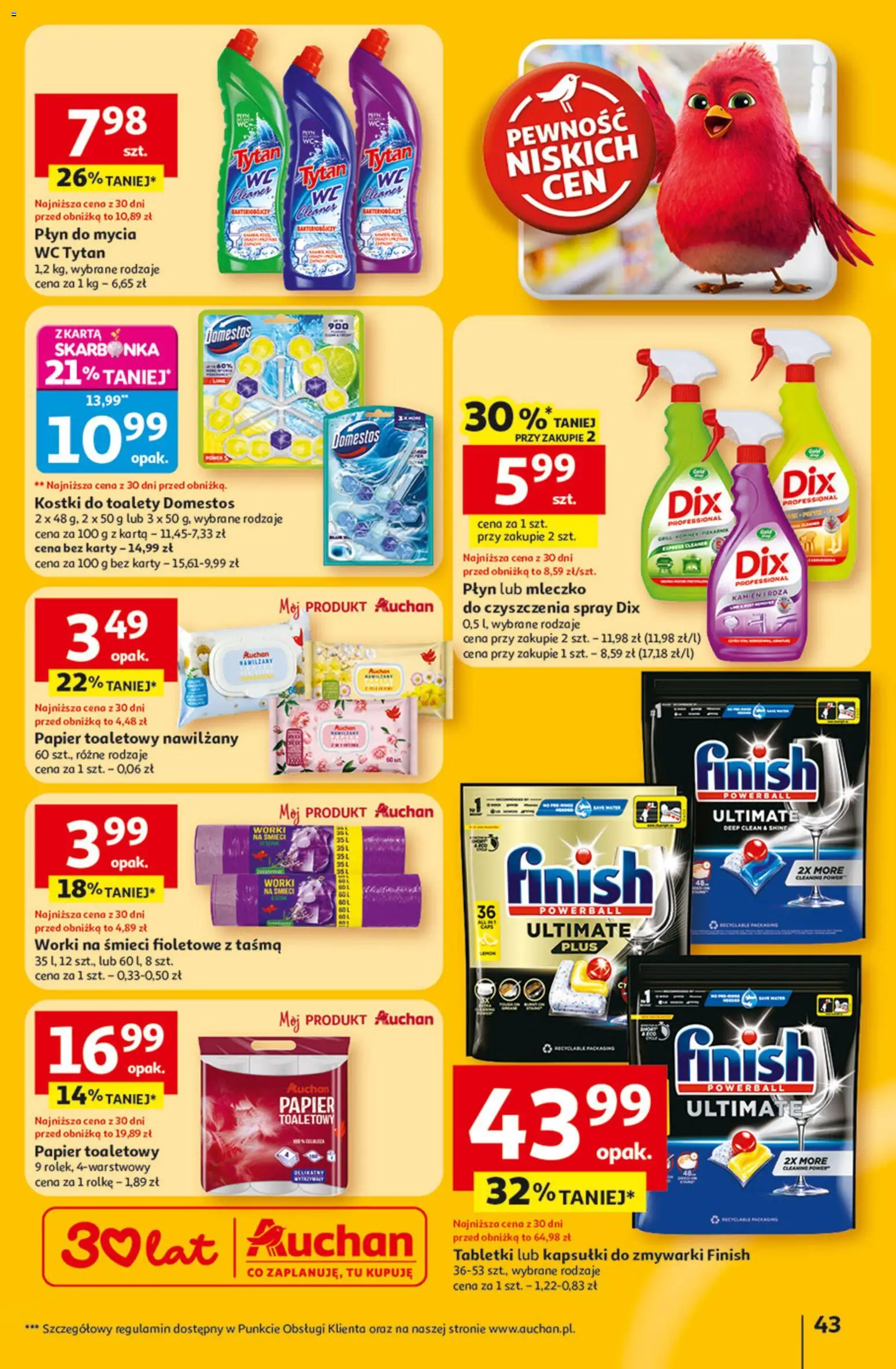 Auchan gazetka - 30 Lat Hipermarket od 23.04.2026 | Strona: 43 | Produkty: Karta, Cleaner, Finish, Kapsułki do zmywarki
