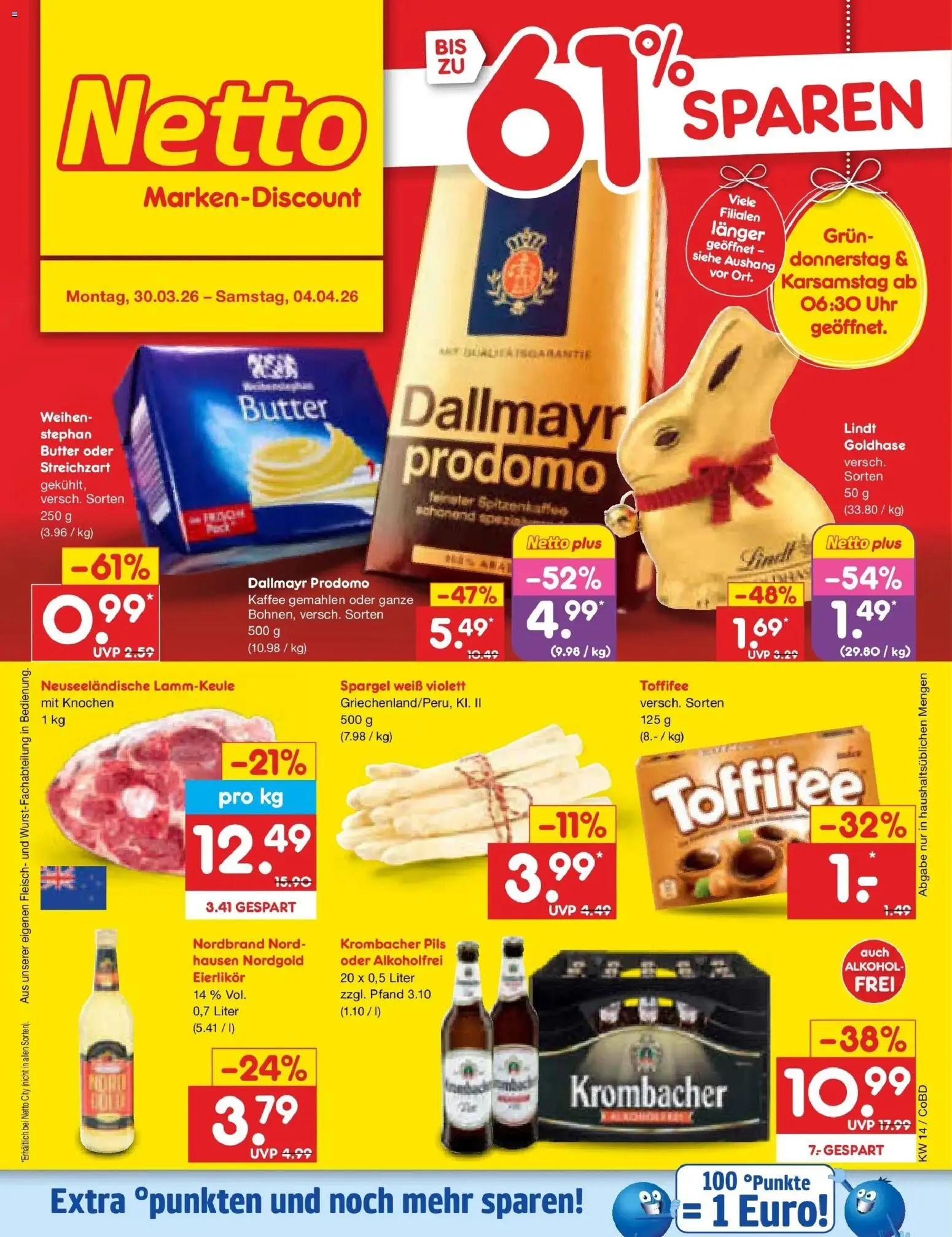 Netto Marken-Discount Prospekt Delitzsch	 – gültig ab 30.03.2026 | Seite: 1 | Produkte: Lammkeule, Kaffee, Lindt, Uhr