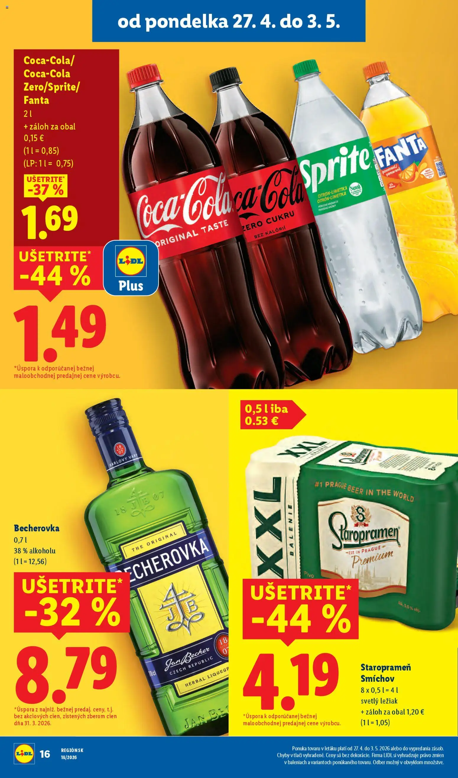 Nové Lidl akcie – leták je platný od 27.04.2026 | Strana: 18 | Produkty: Becherovka, Sprite, Staropramen, Cola