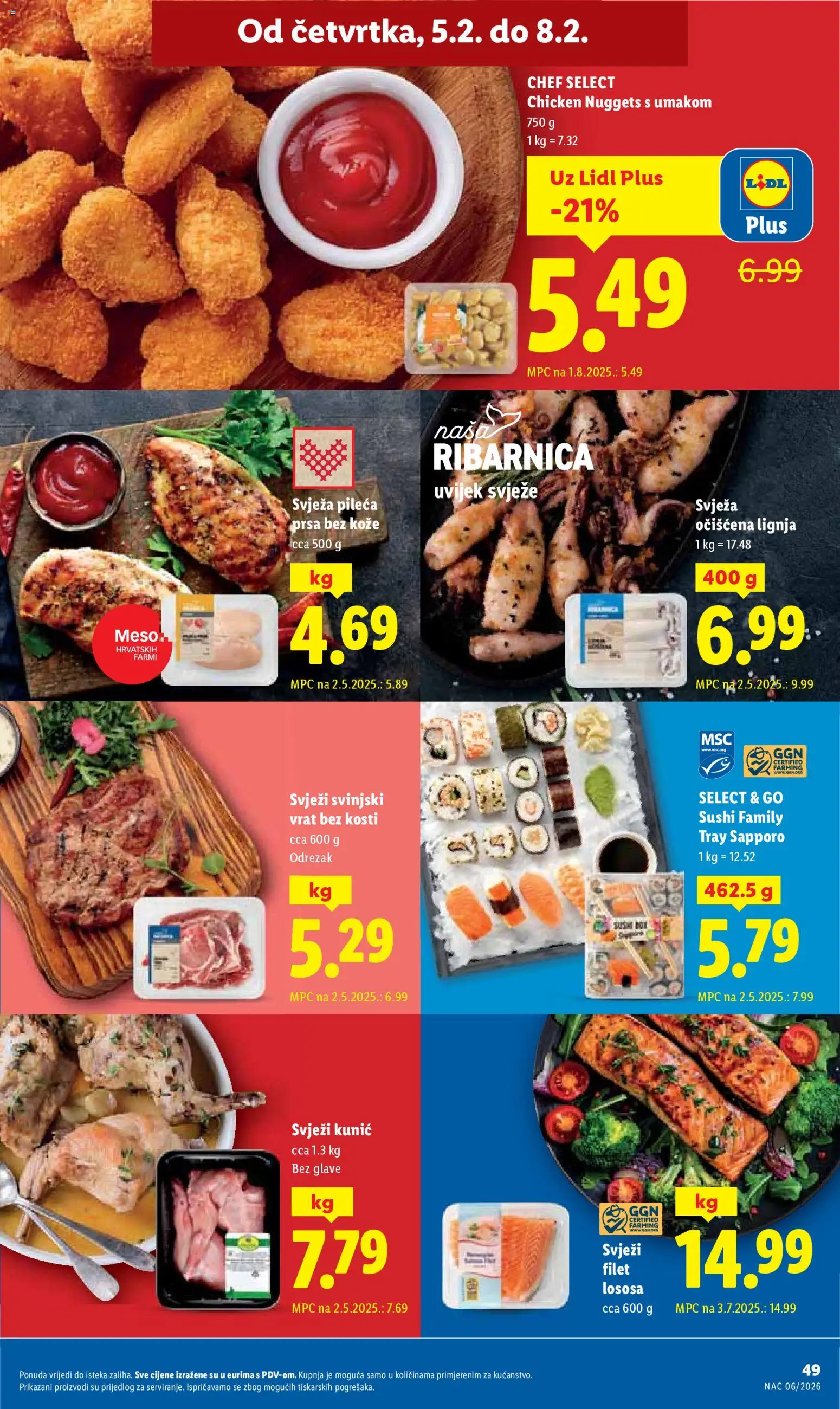 Lidl katalog | vrijedi od 02.02.2026 | Stranica: 49 | Proizvodi: Svinjski vrat, Meso, Sushi, Pileća prsa