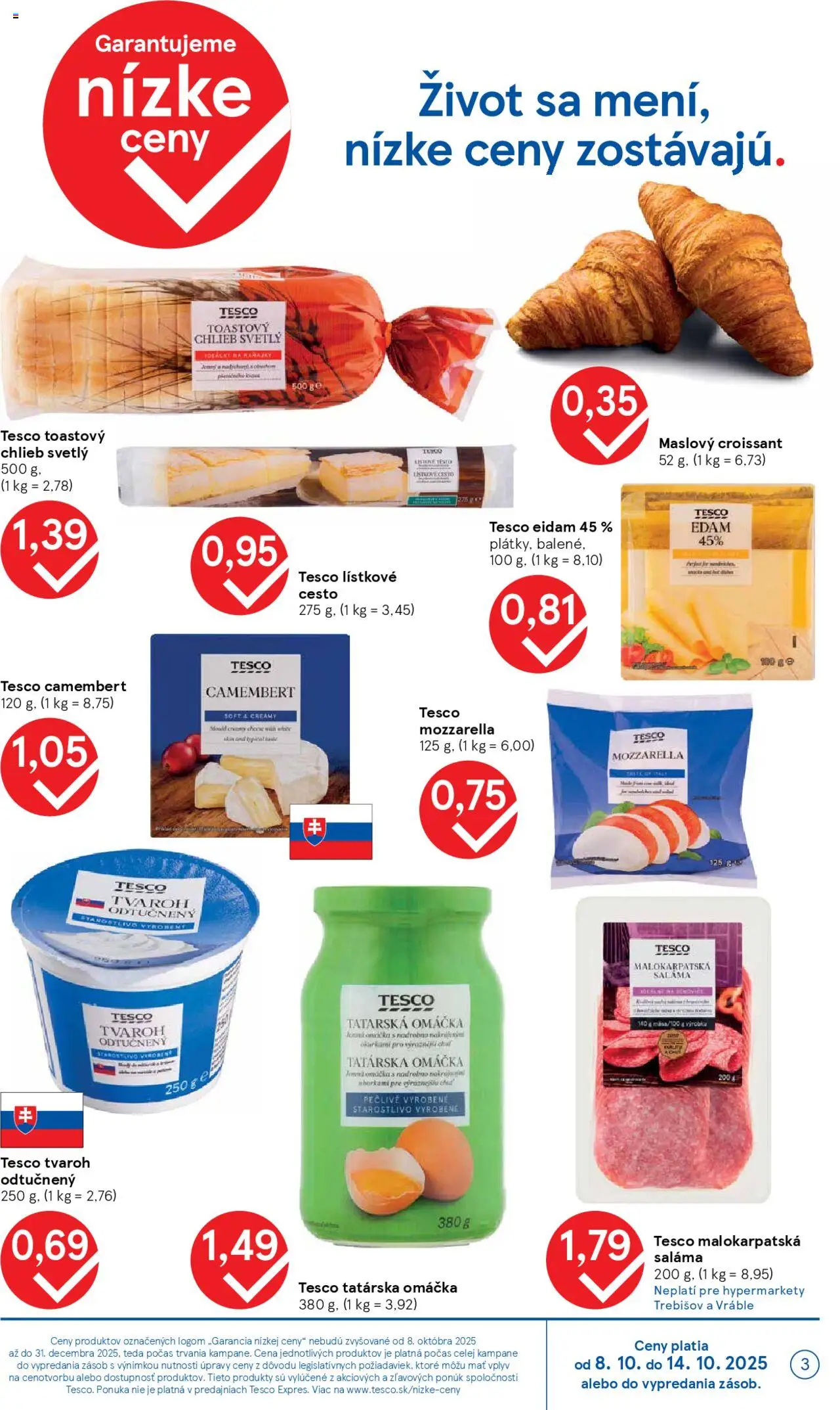 Nové Tesco akcie – leták je platný od 08.10.2025 | Strana: 3 | Produkty: Mozzarella, Tvaroh, Tatárska omáčka, Omáčka