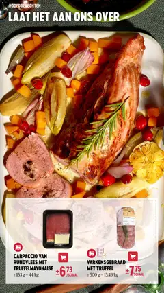 CARPACCIO VAN RUNDVLEES MET TRUFFELMAYONAISE, Carpaccio of beef with truffle mayonnaise, ± 153 g - Voorbeeld van een folder van Delhaize, geldig van 13.11.2025 | Pagina: 28