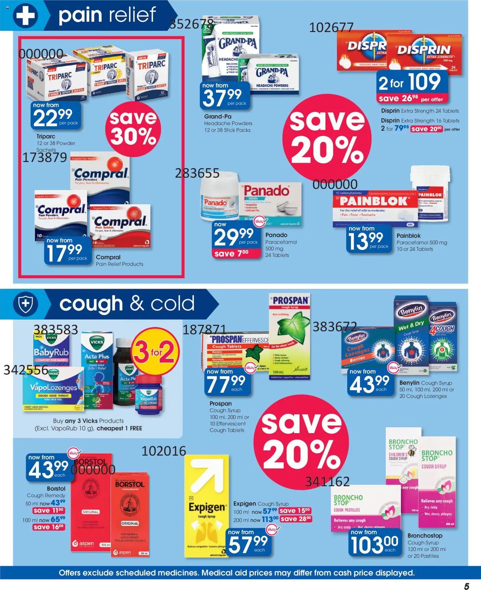 New Clicks catalogue – valid from 23.04.2026 | Page: 5 | Products: Cough syrup, Powder, Lozenges, Syrup