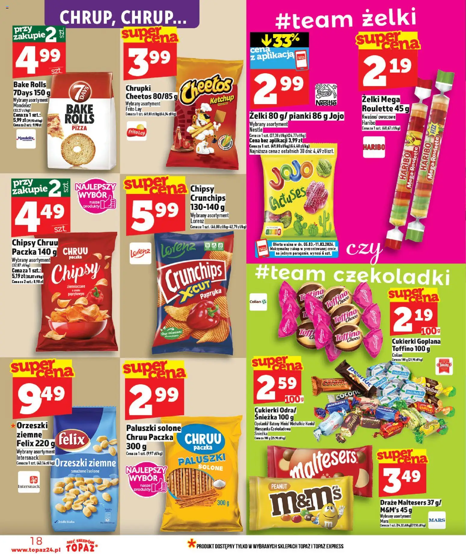 Topaz gazetka - MAZ od 05.03.2026 | Strona: 18 | Produkty: Czekoladki, Chrupki, Papryka, Orzeszki ziemne
