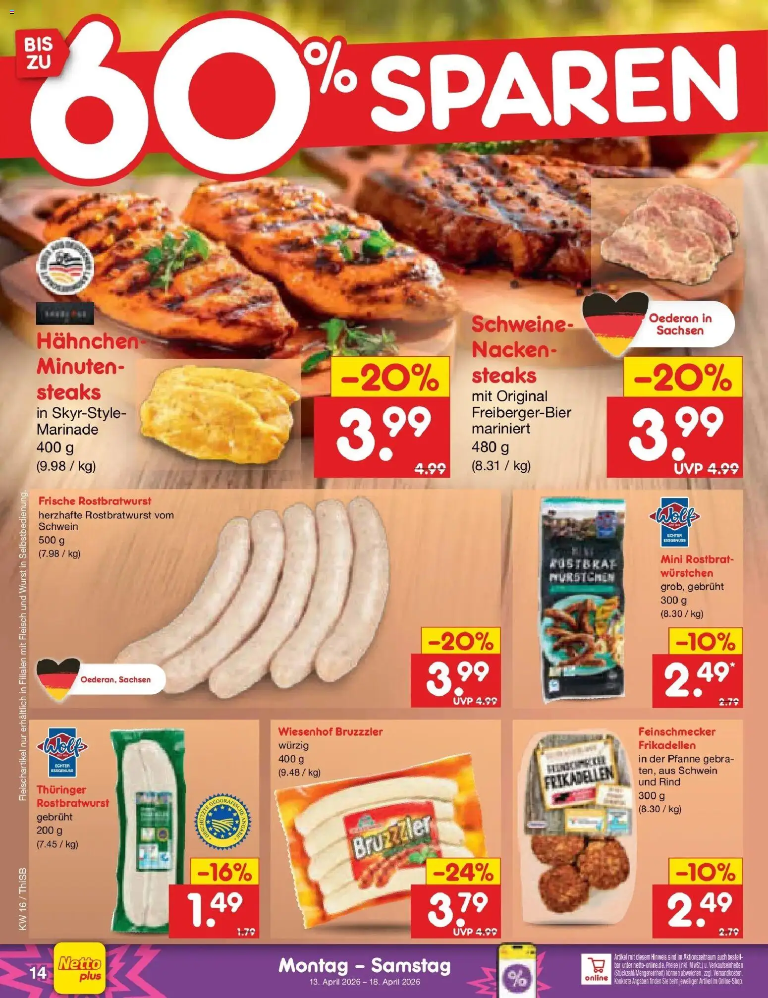 Netto Marken-Discount Prospekt Kröpelin	 – gültig ab 13.04.2026 | Seite: 16 | Produkte: Hahnchen, Wurst, Fleisch