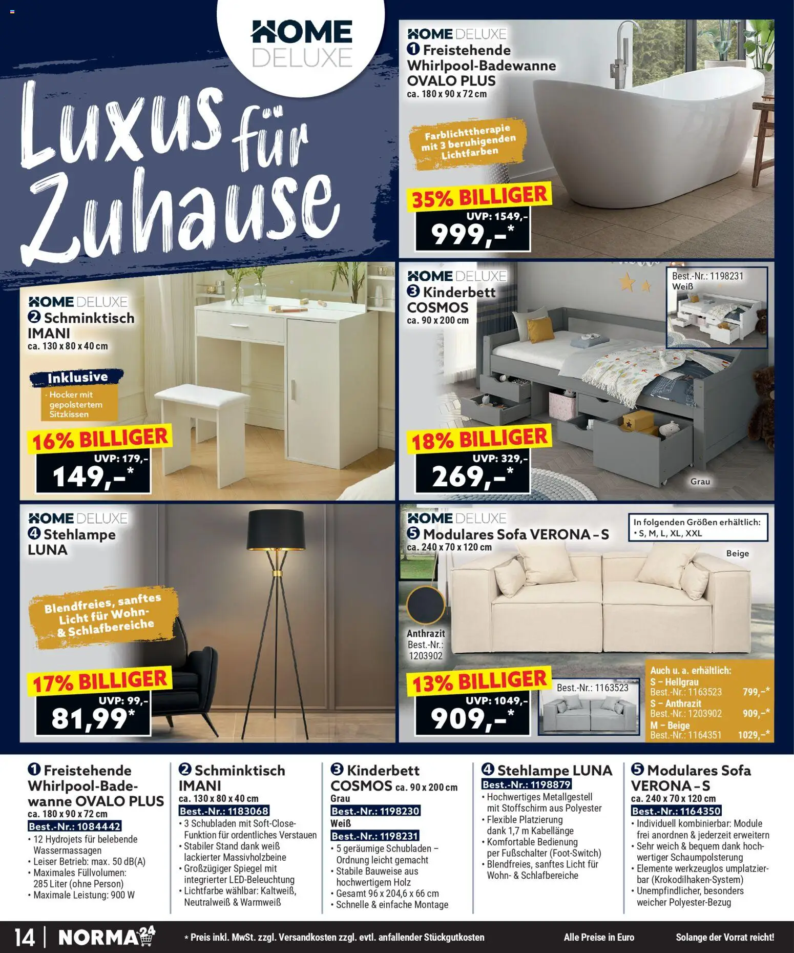 Norma Bestellmagazin Februar 2026 – gültig ab 01.02.2026 | Seite: 14 | Produkte: Hocker, Sofa, Schminktisch, Spiegel