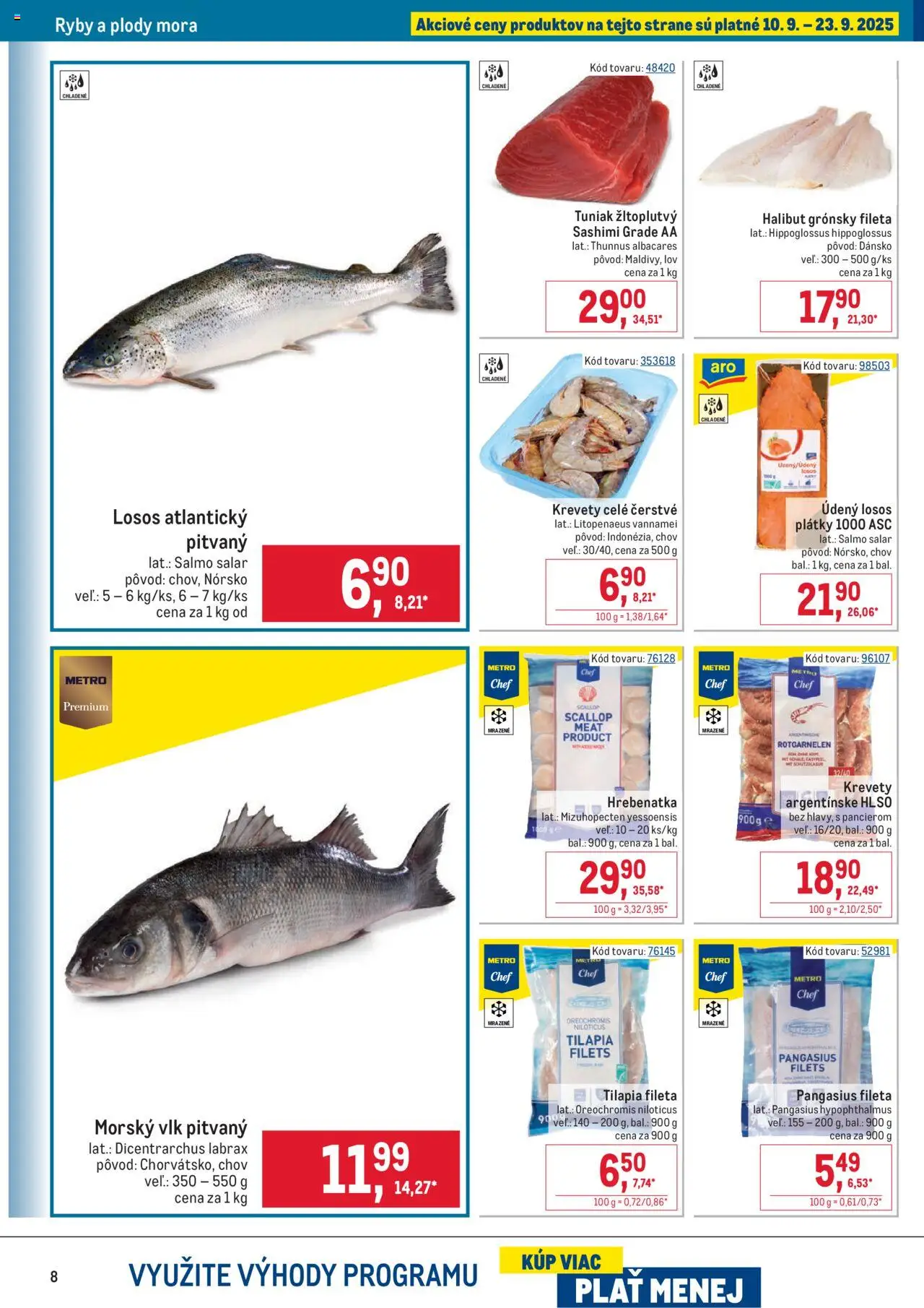 Nové Metro akcie – leták je platný od 10.09.2025 | Strana: 8 | Produkty: Tuniak, Krevety, Ryby, Losos
