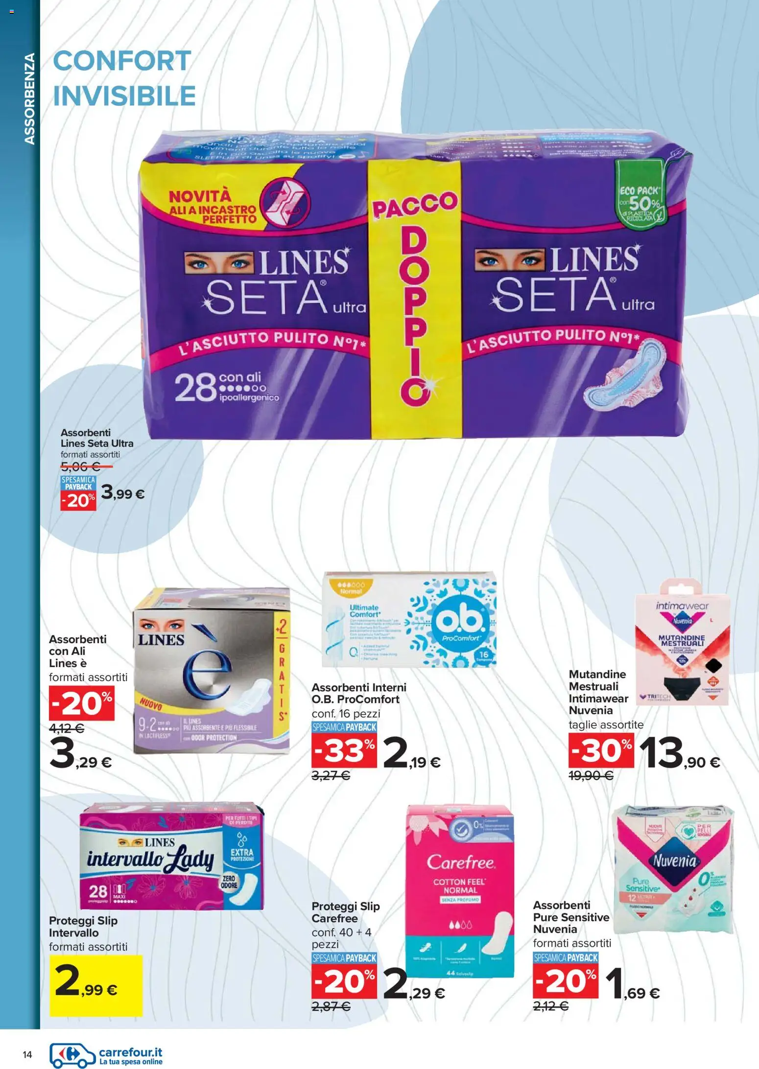Volantino Carrefour del 07.11.2025 | Pagina: 14 | Prodotti: Proteggi slip, Mutandine, Slip, Profumo