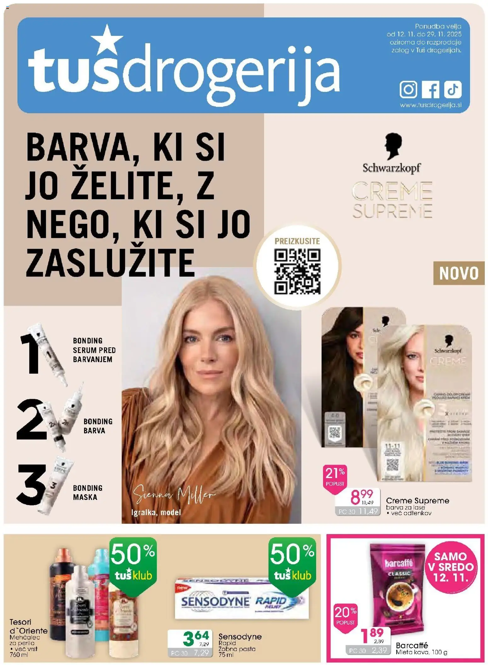 Novi Tuš drogerija katalog ponudbe – veljaven od 12.11.2025 | Stran: 1 | Izdelki: Barva za lase, Maska, Mehcalec za perilo, Barva