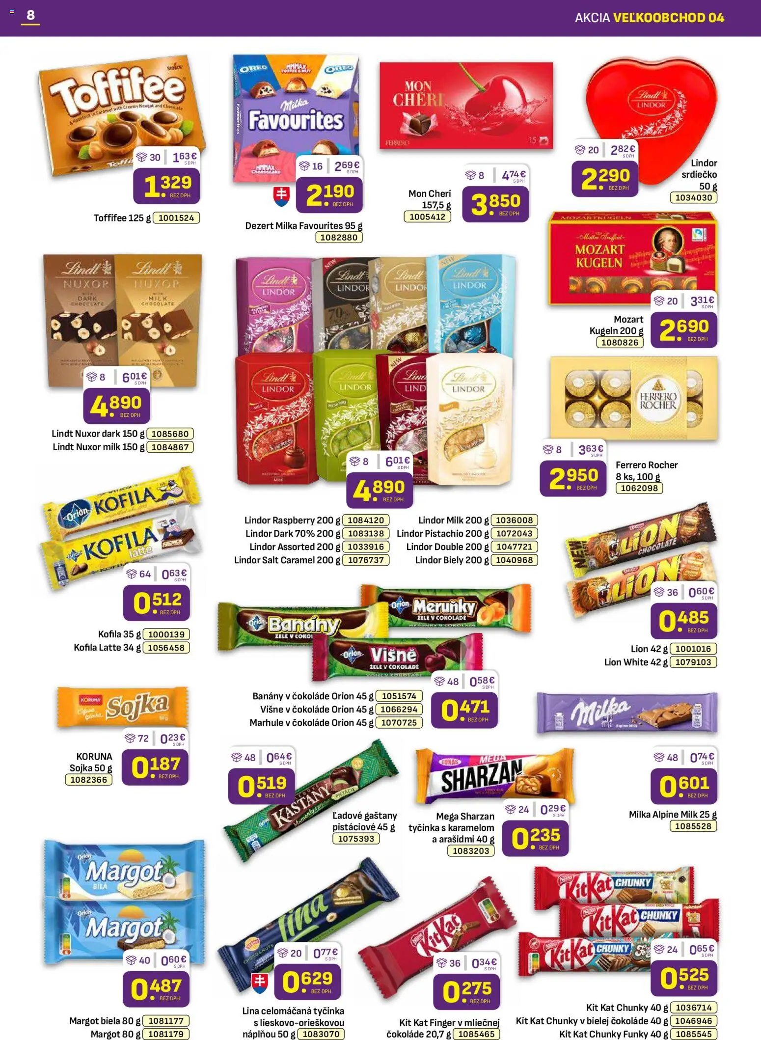 Nové Libex akcie – leták je platný od 16.02.2026 | Strana: 8 | Produkty: Banány v čokoláde, Lindor, Lindt, Mon Chéri