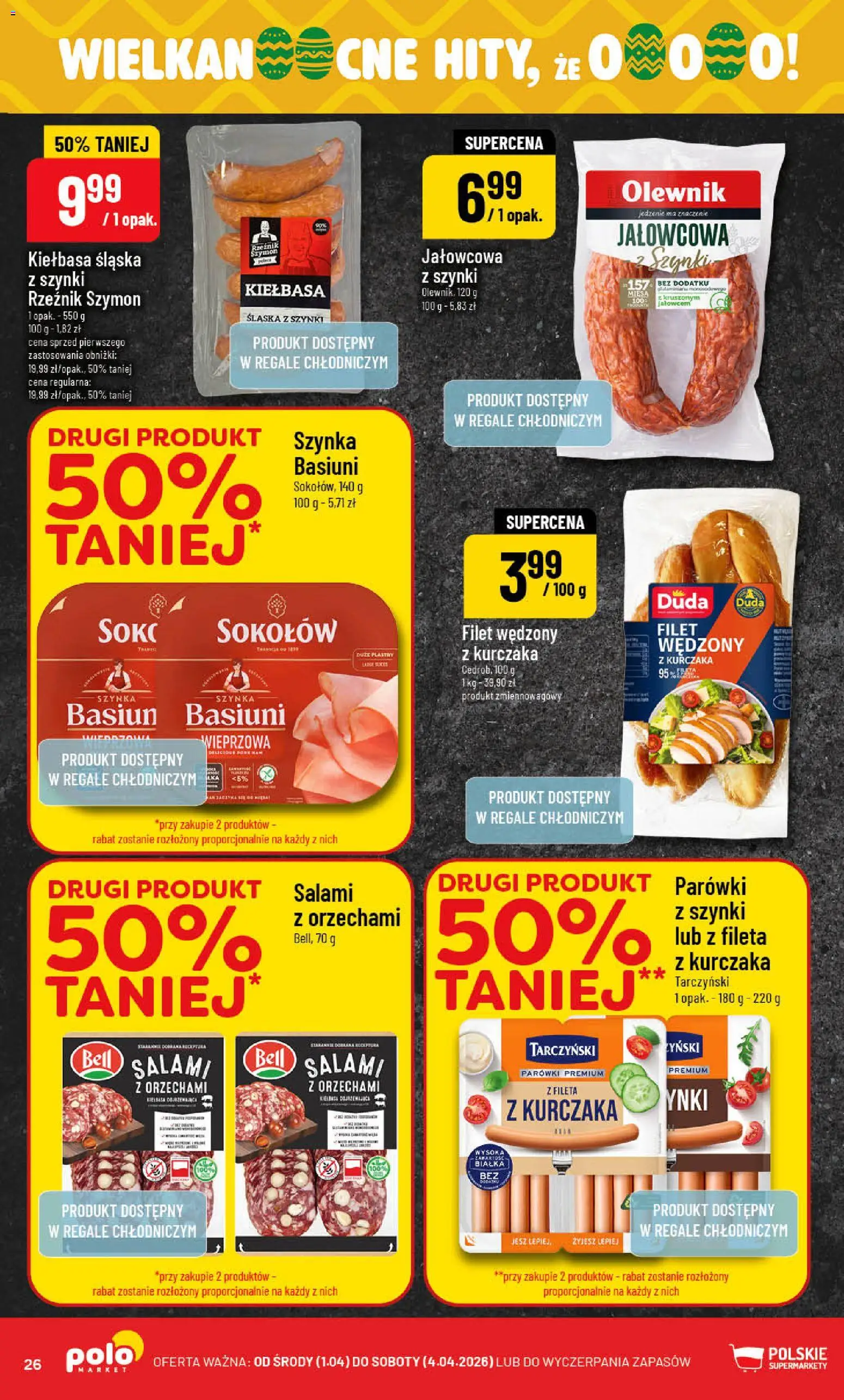 POLOmarket gazetka od 01.04.2026 | Strona: 26 | Produkty: Parówki z szynki, Filet z kurczaka, Szynka, Kiełbasa śląska