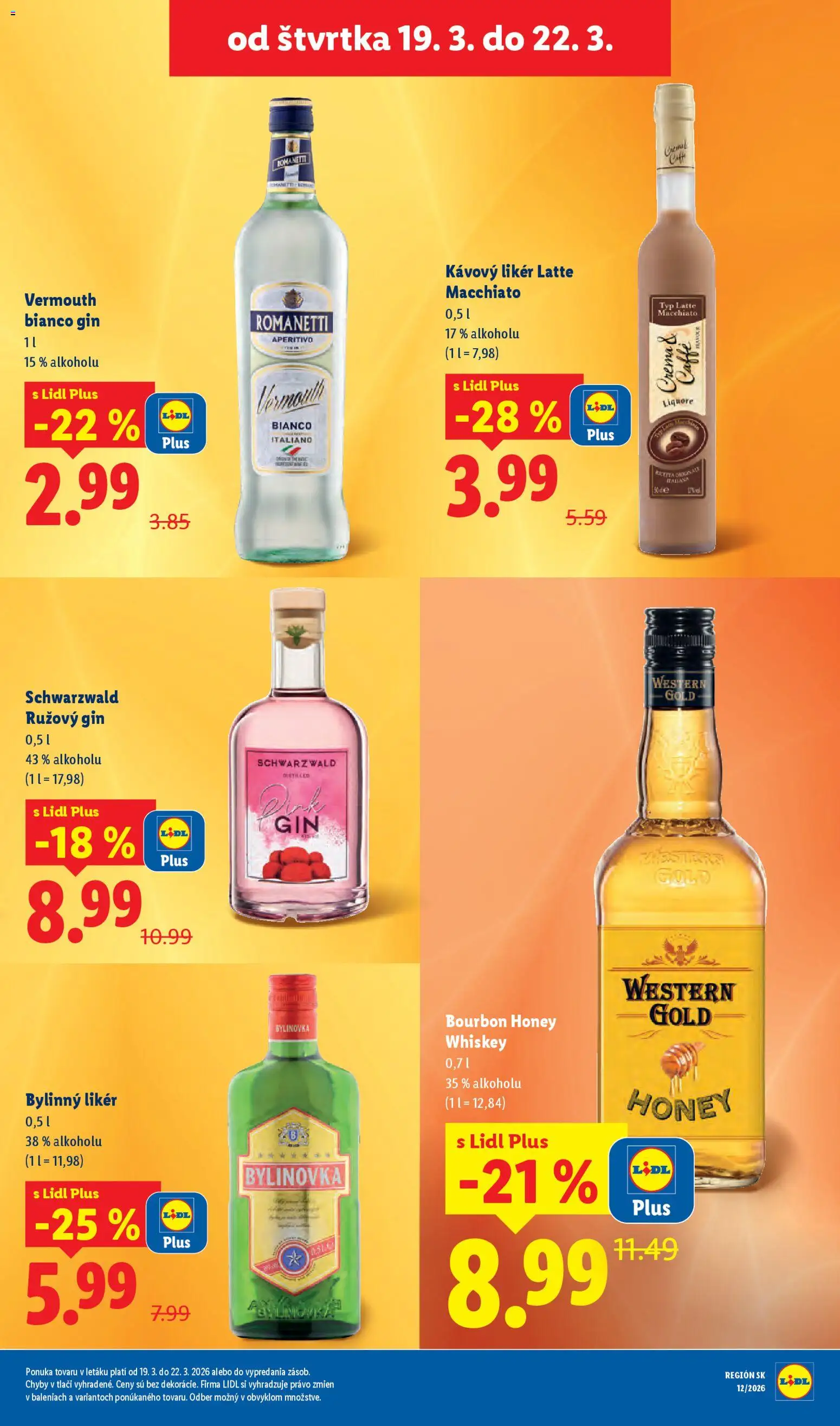 Nové Lidl akcie – leták je platný od 16.03.2026 | Strana: 85 | Produkty: Rúžový gin, Bourbon, Gin
