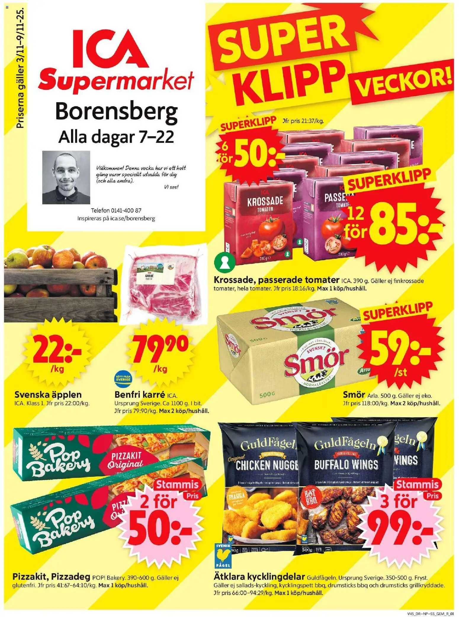 ICA Supermarket reklamblad aktuell från 03.11.2025 | Sida: 1 | Produkter: Gem, Smör, Pizza, Äpplen