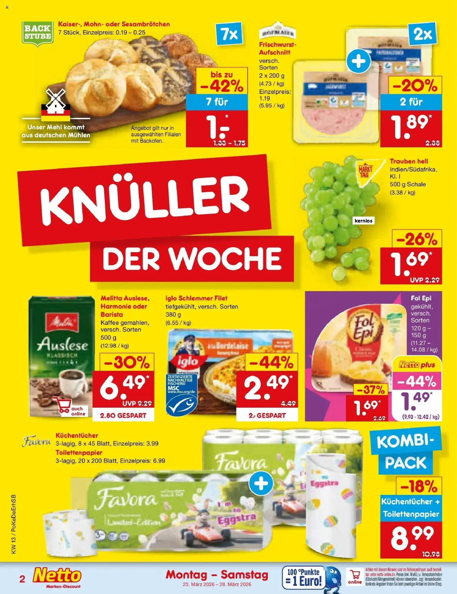 Netto Marken-Discount Prospekt Metten	 – gültig ab 23.03.2026 | Seite: 2 | Produkte: Melitta, Mehl, Iglo, Toilettenpapier