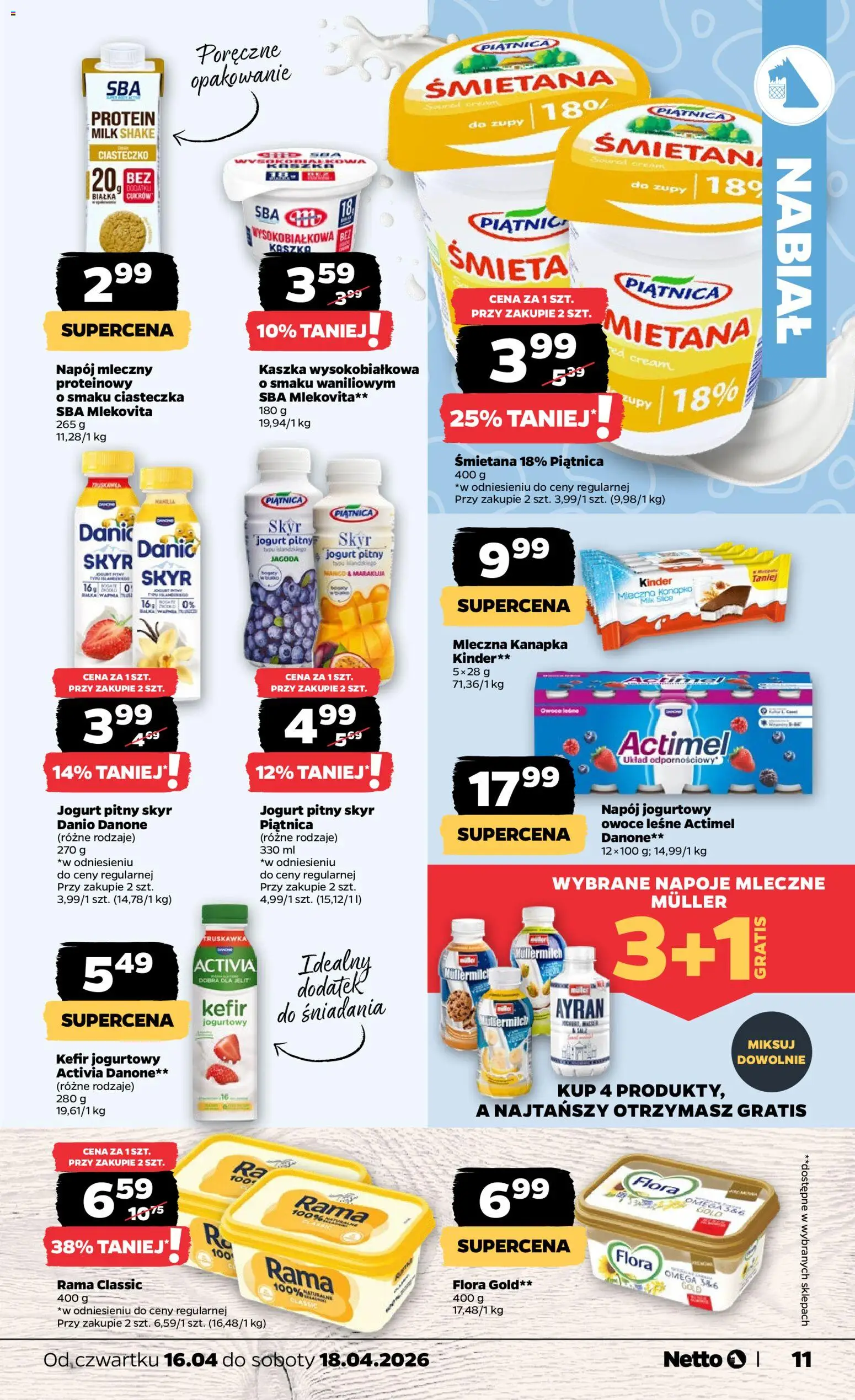 Netto gazetka od czwartku spożywcza od 16.04.2026 | Strona: 11 | Produkty: Kefir, Napoje, Jogurt, Śmietana
