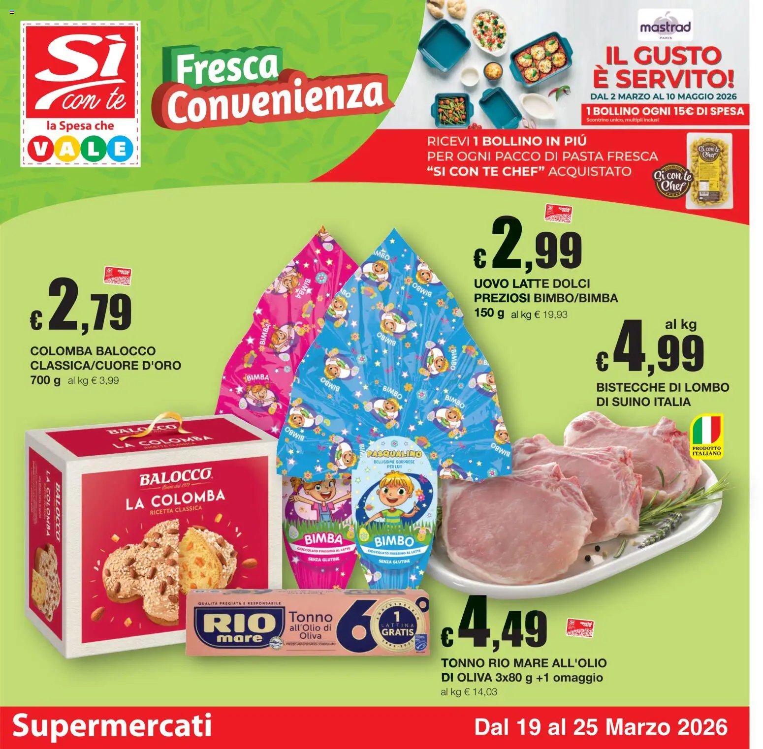 Volantino Sì con Te del 19.03.2026 | Pagina: 1 | Prodotti: Cioccolato, Suino, Latte, Pasta
