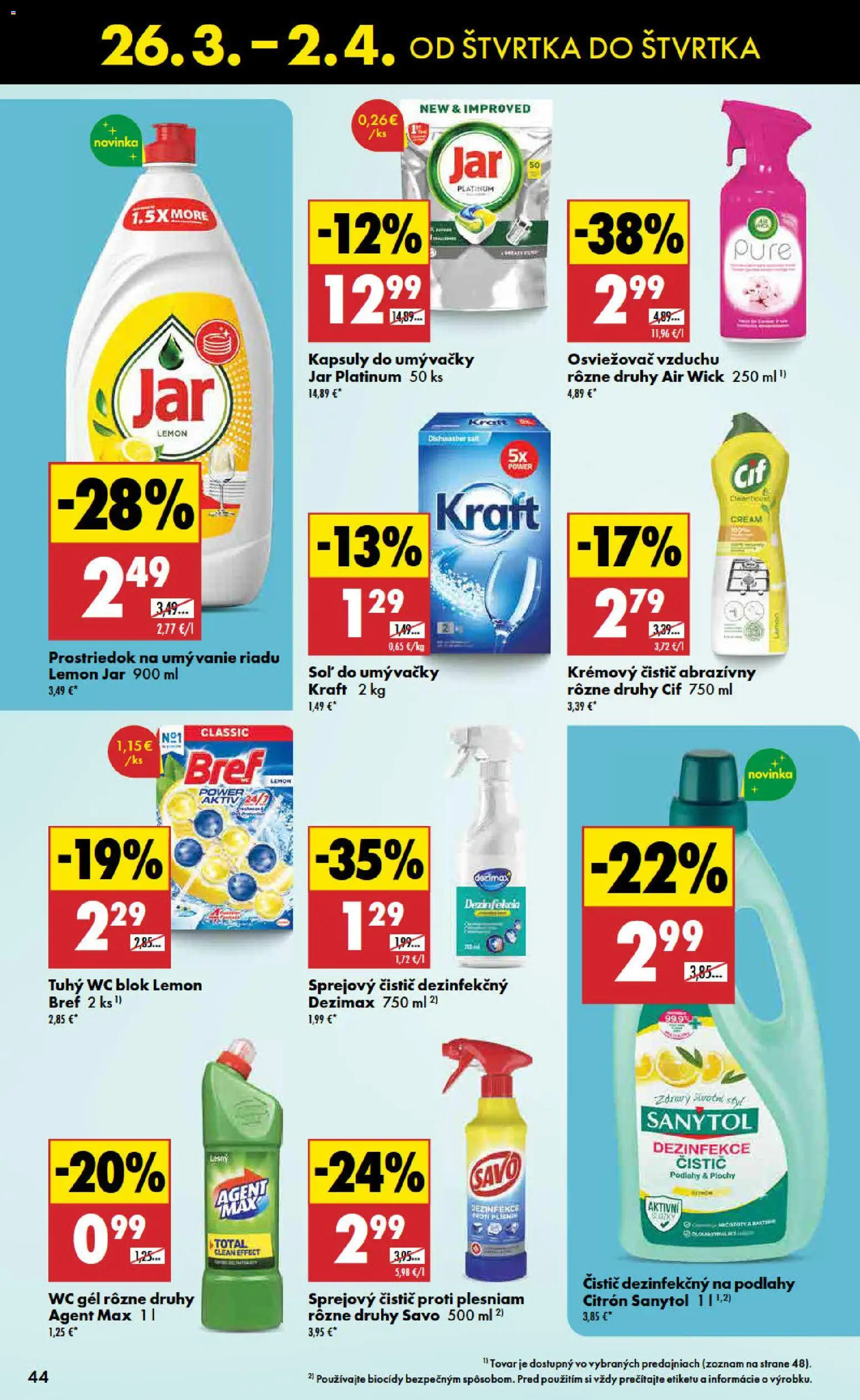 Nové Biedronka akcie – leták je platný od 26.03.2026 | Strana: 44 | Produkty: Osviežovač vzduchu, Wc blok, Soľ, Cif