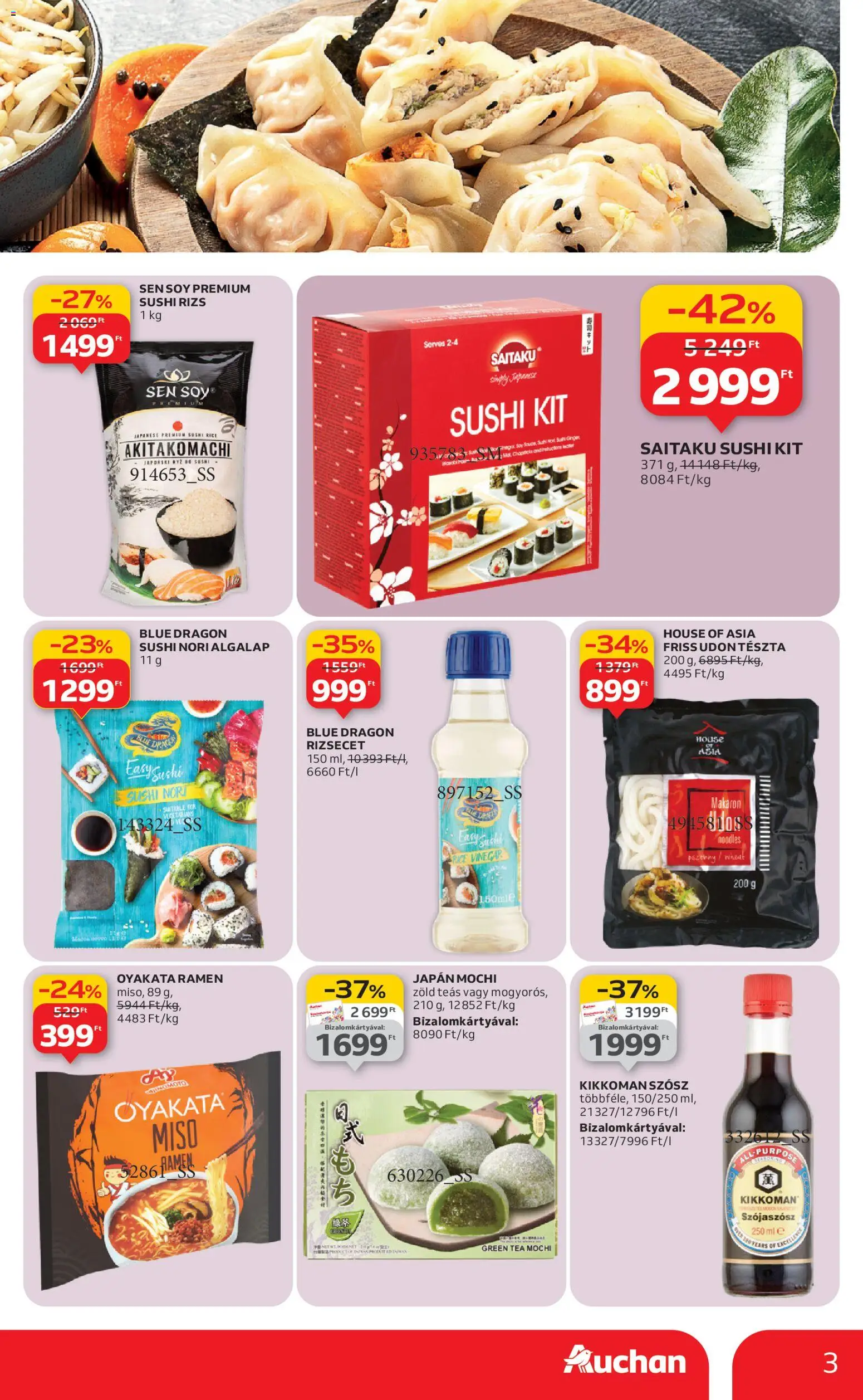 Auchan akciós ujság - amely érvényes a következő dátumtól: 29.01.2026 | Oldal: 3 | Termékek: Szójaszósz, Sushi, Rizs, Tészta